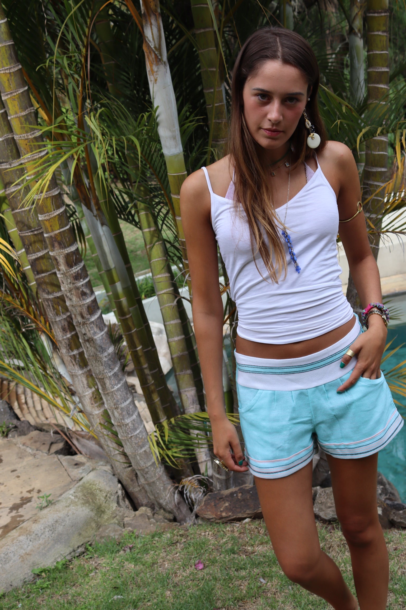 Kikoy Flat Front shorts - Turquoise & White Stripe