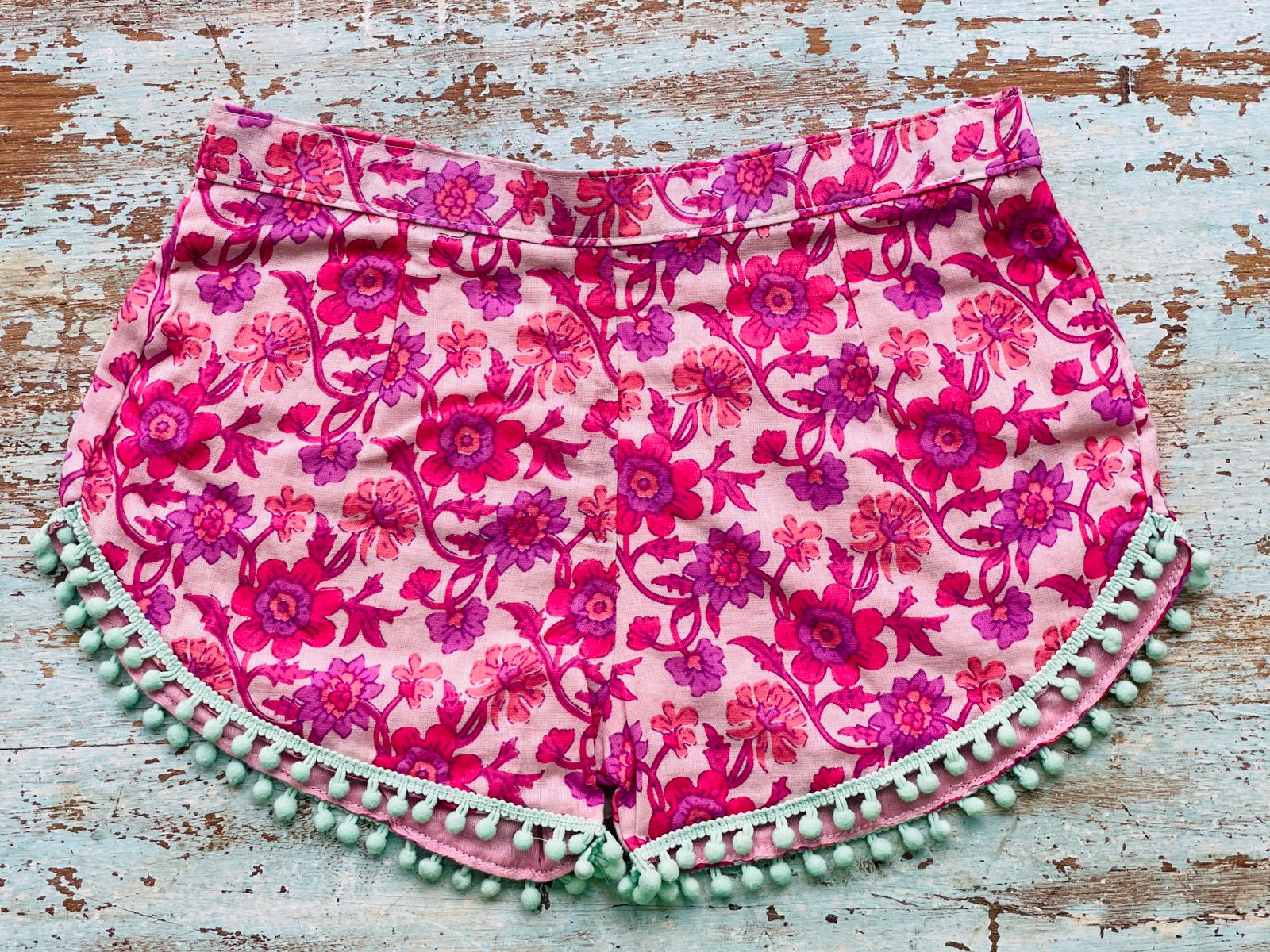 COASTIE SHORTS - Pink Purple Flower Turquoise Bobble