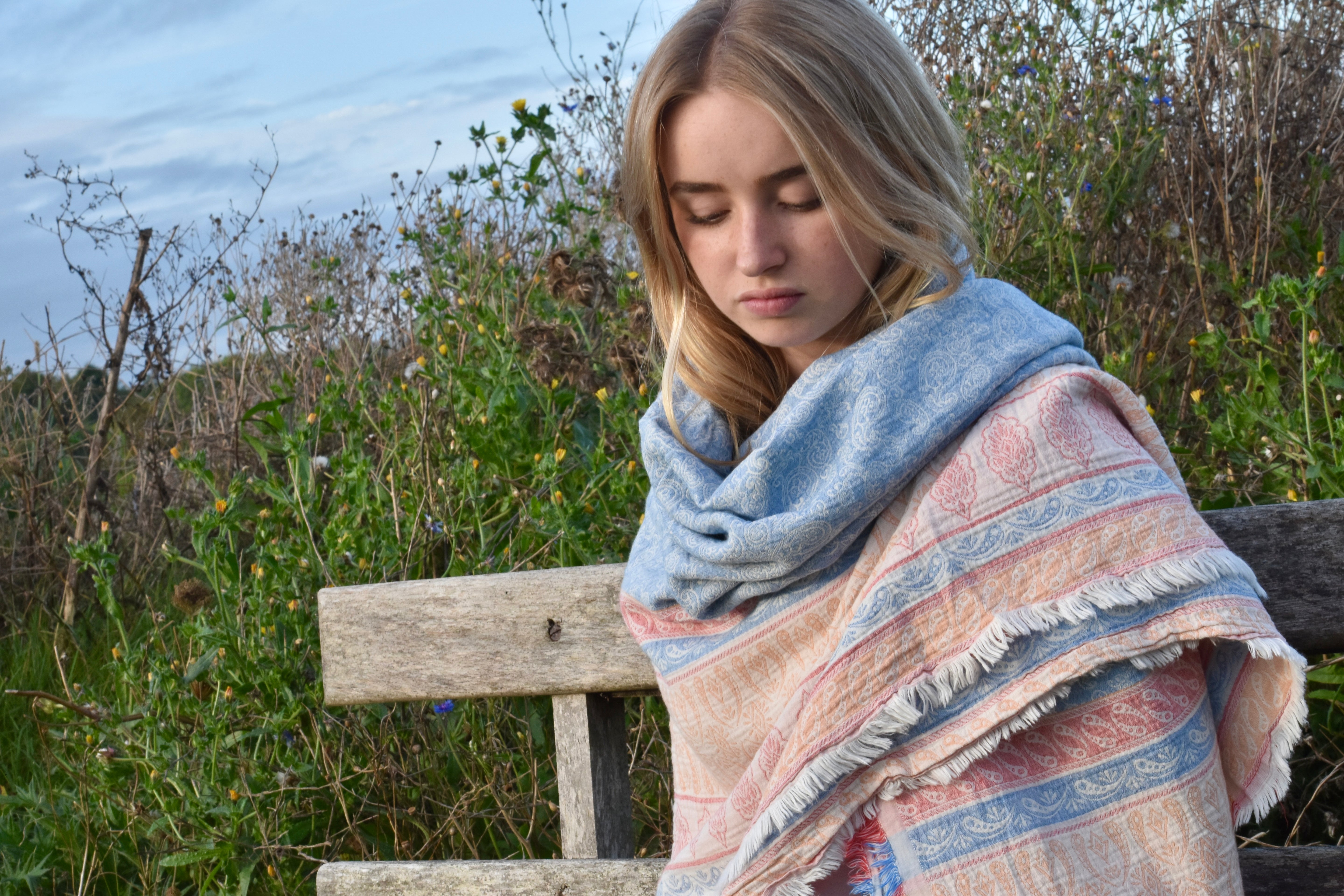 HAND WOVEN BEACH WRAP - Navy and Burnt Orange