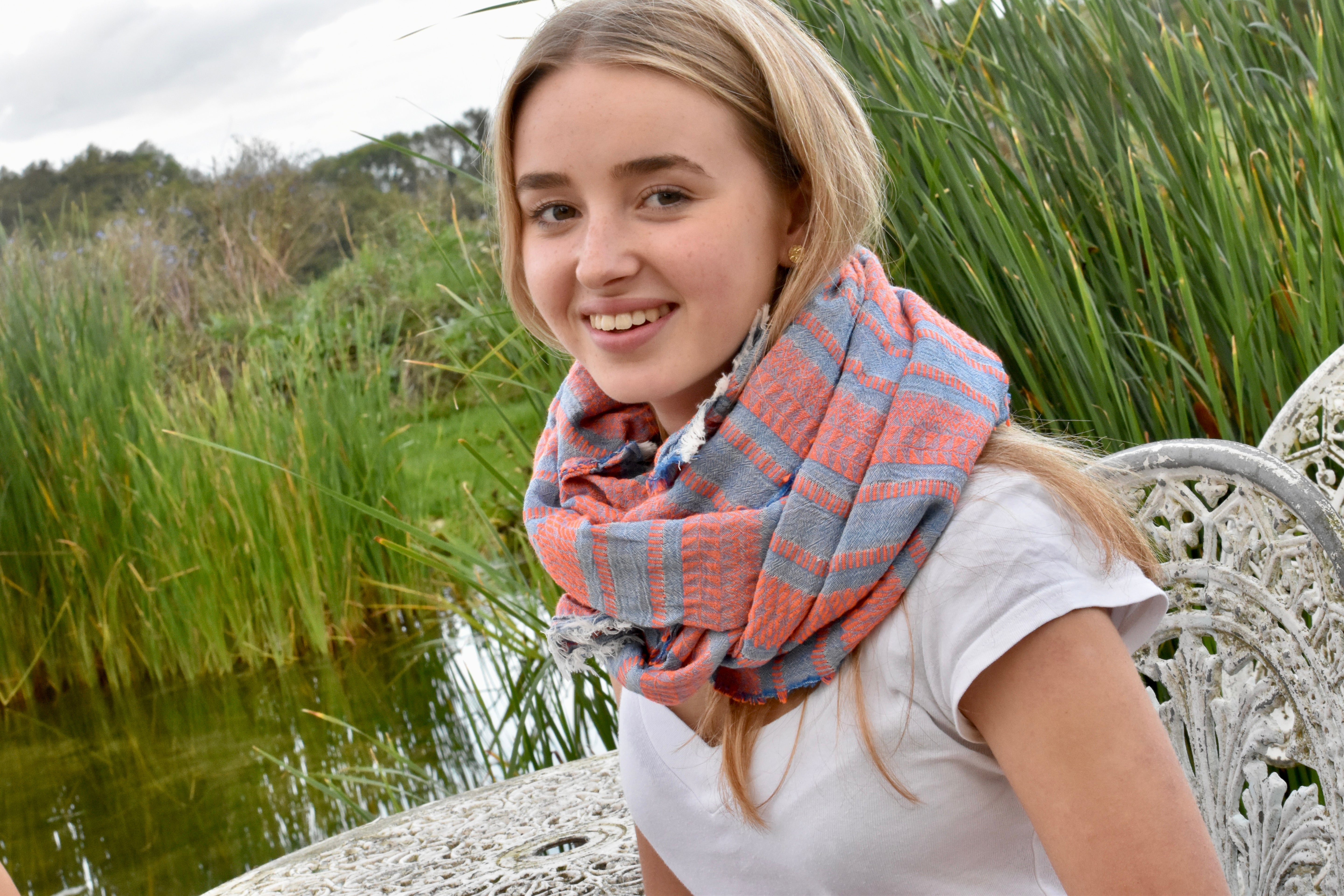 HAND WOVEN COTTON SCARF - BLUE AND OCHRE