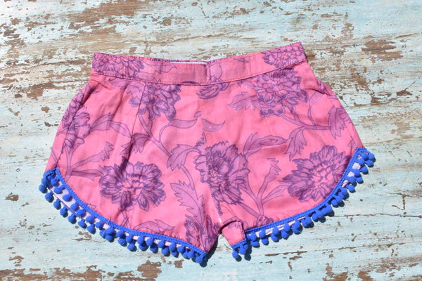 COASTIE SHORTS - Pink Purple Flower Blue Trim