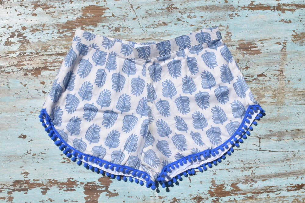 COASTIE SHORTS - White Blue Flower 2 Blue Trim