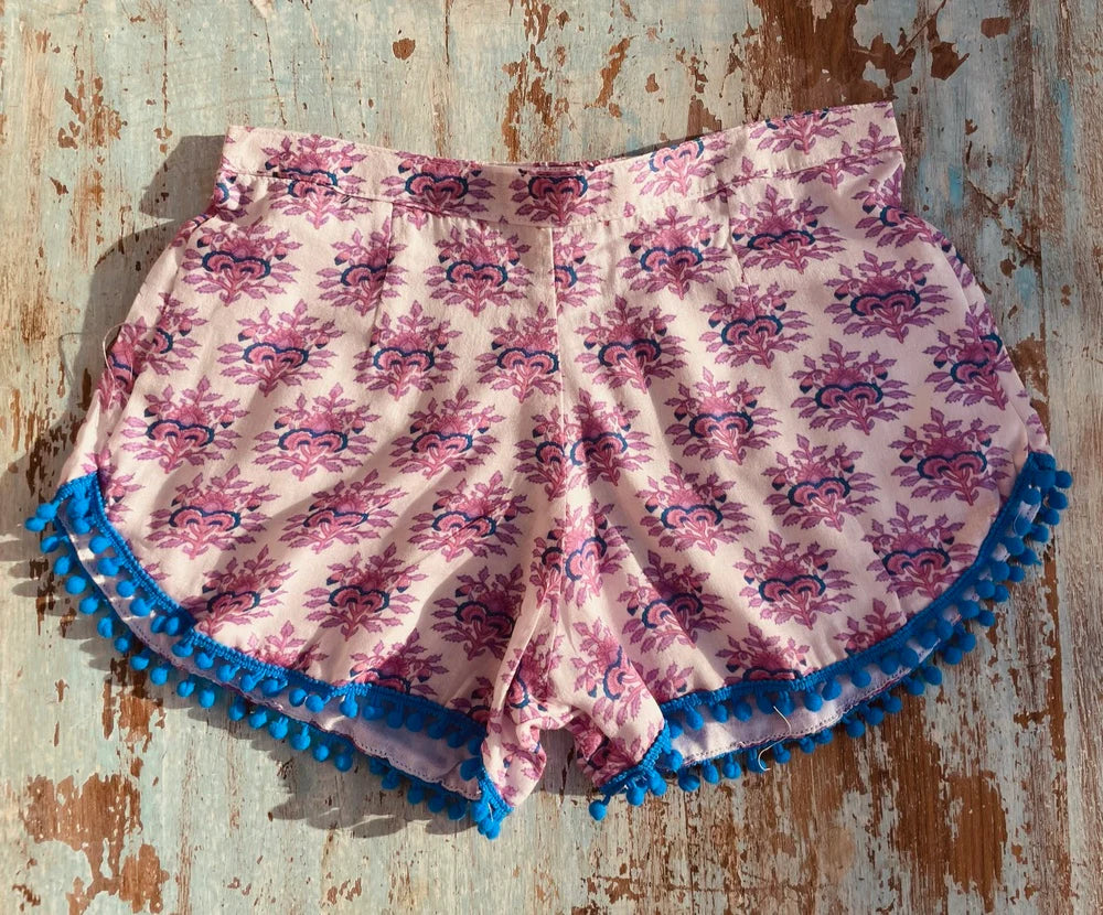 COASTIE SHORTS - White Pink Flower Blue Trim