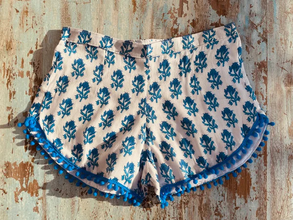 COASTIE SHORTS - White Blue Flower Blue Trim