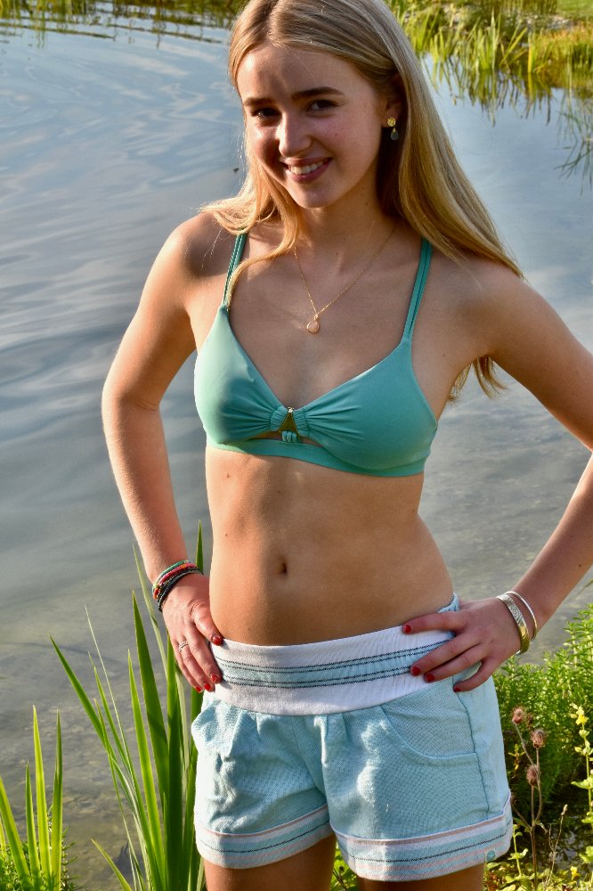 Kikoy Flat Front shorts - Turquoise & White Stripe