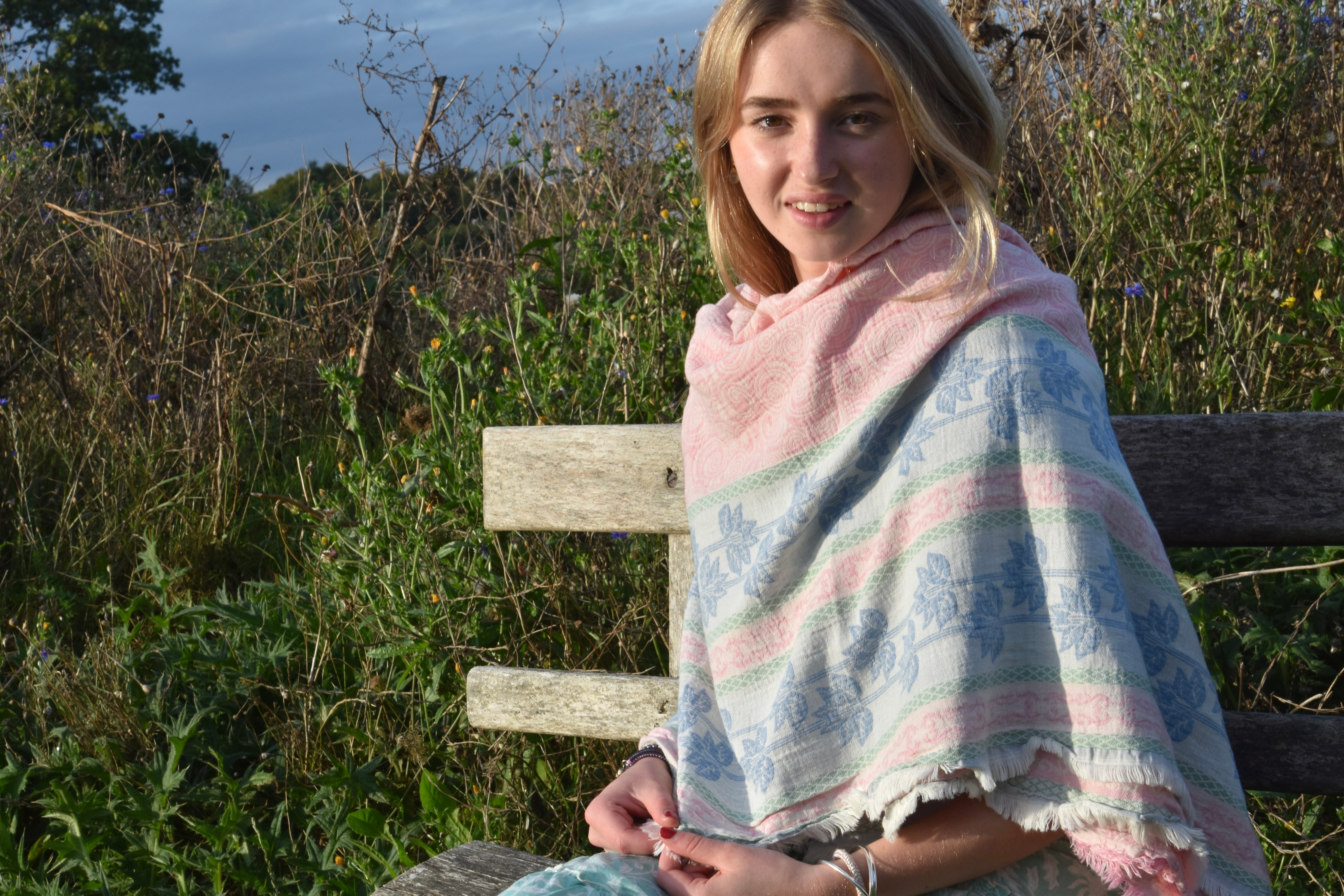 HAND WOVEN BEACH WRAP - PINK AND BLUE