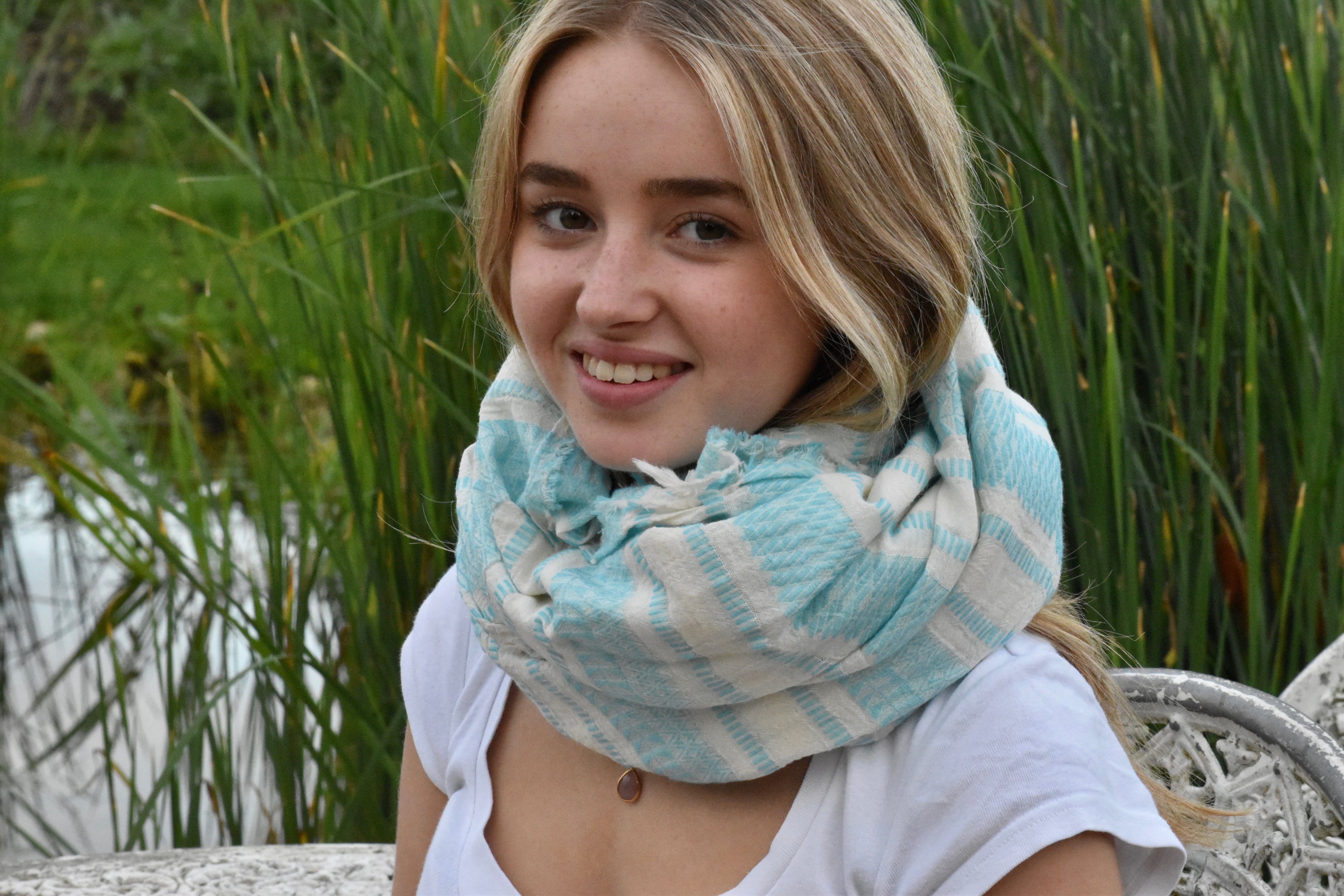 Hand Woven Cotton Scarf - Turquoise and white