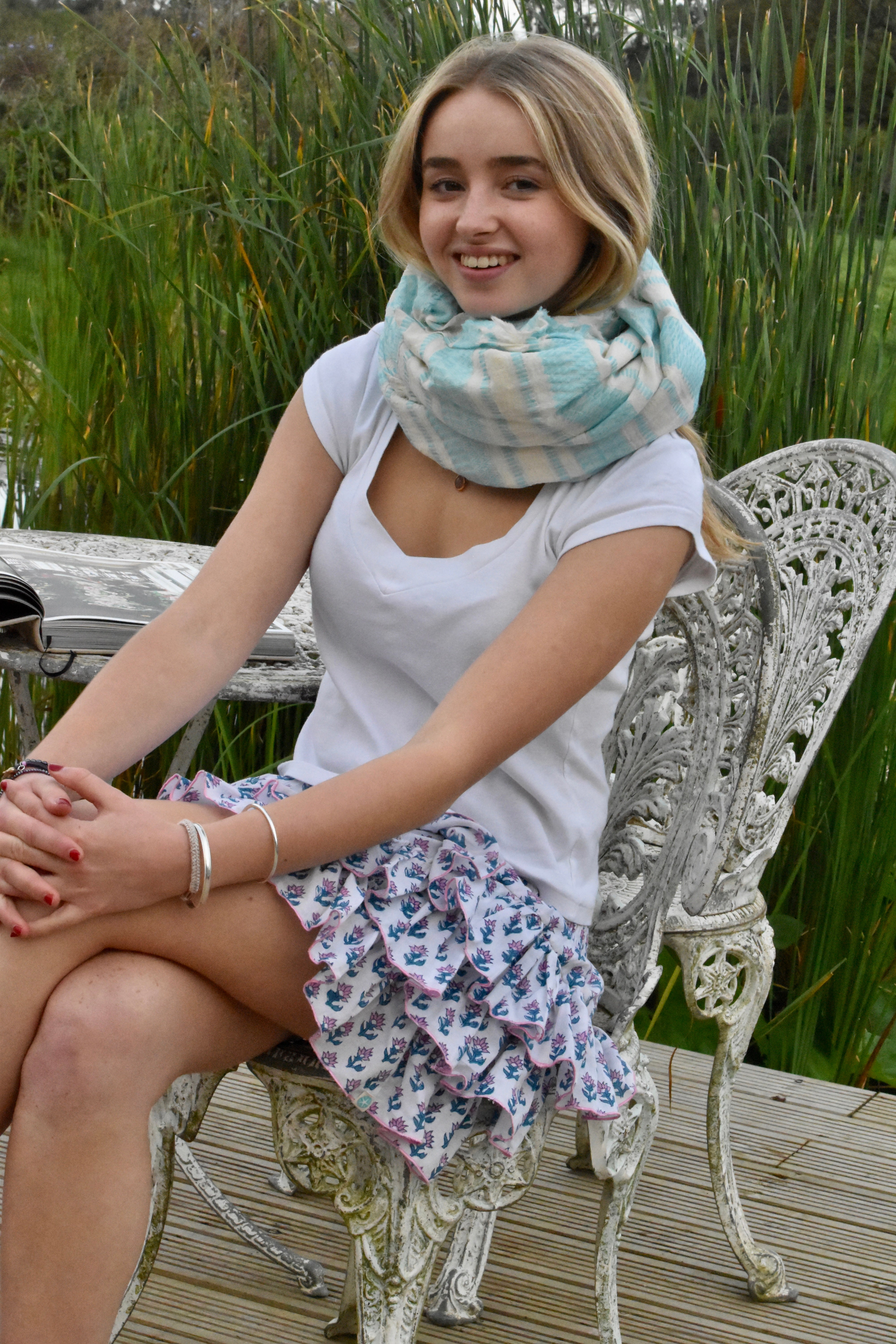 Hand Woven Cotton Scarf - Turquoise and white