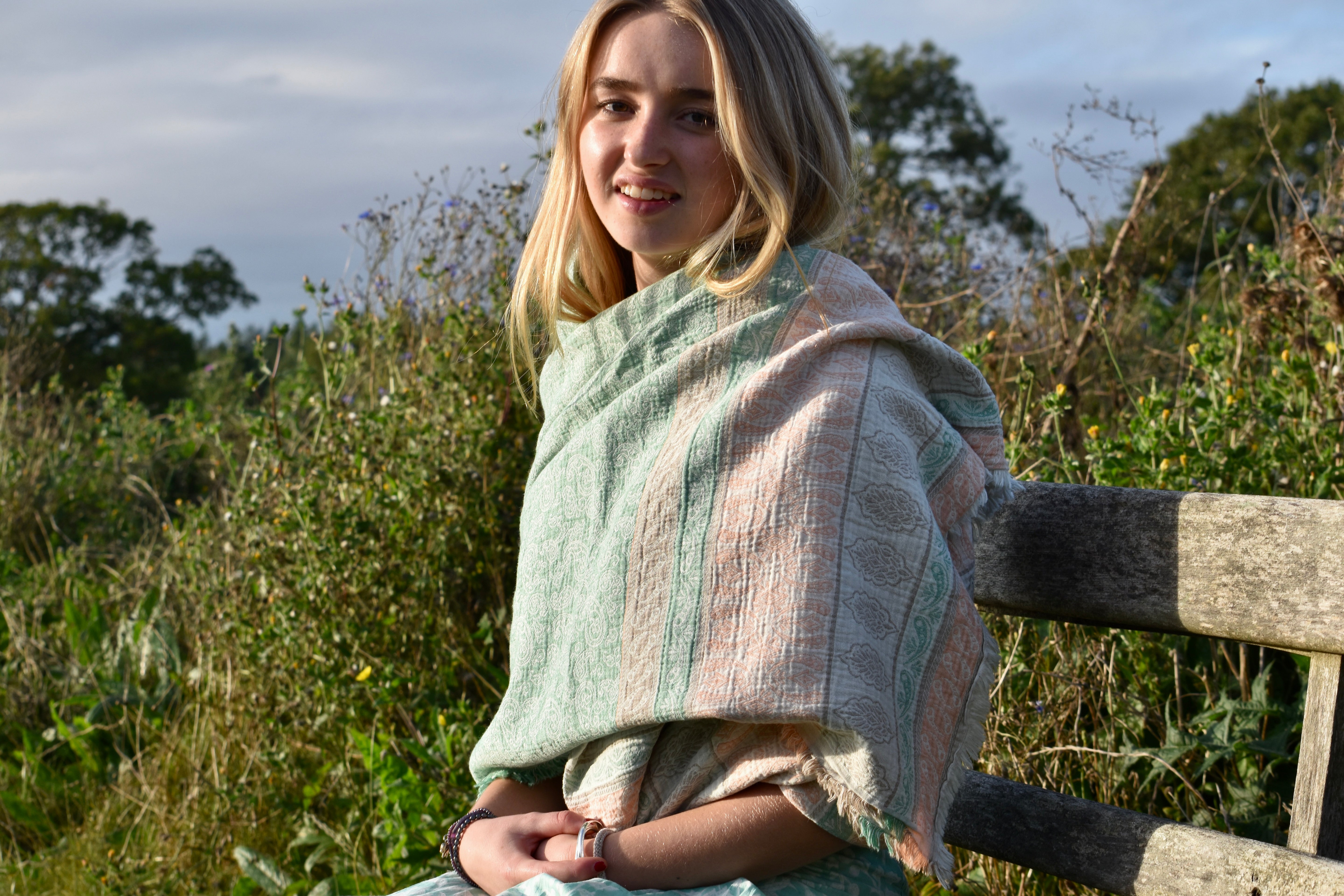 HAND WOVEN BEACH WRAP - GREEN AND BROWN