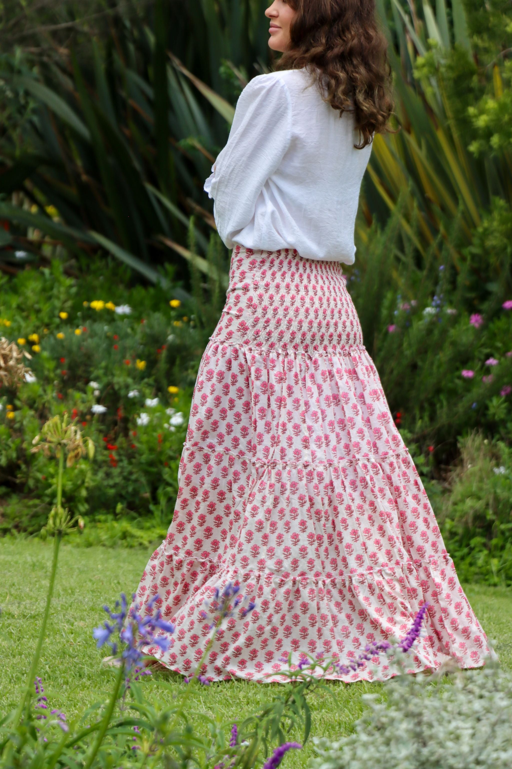Long tiered rara skirt - pink anenome