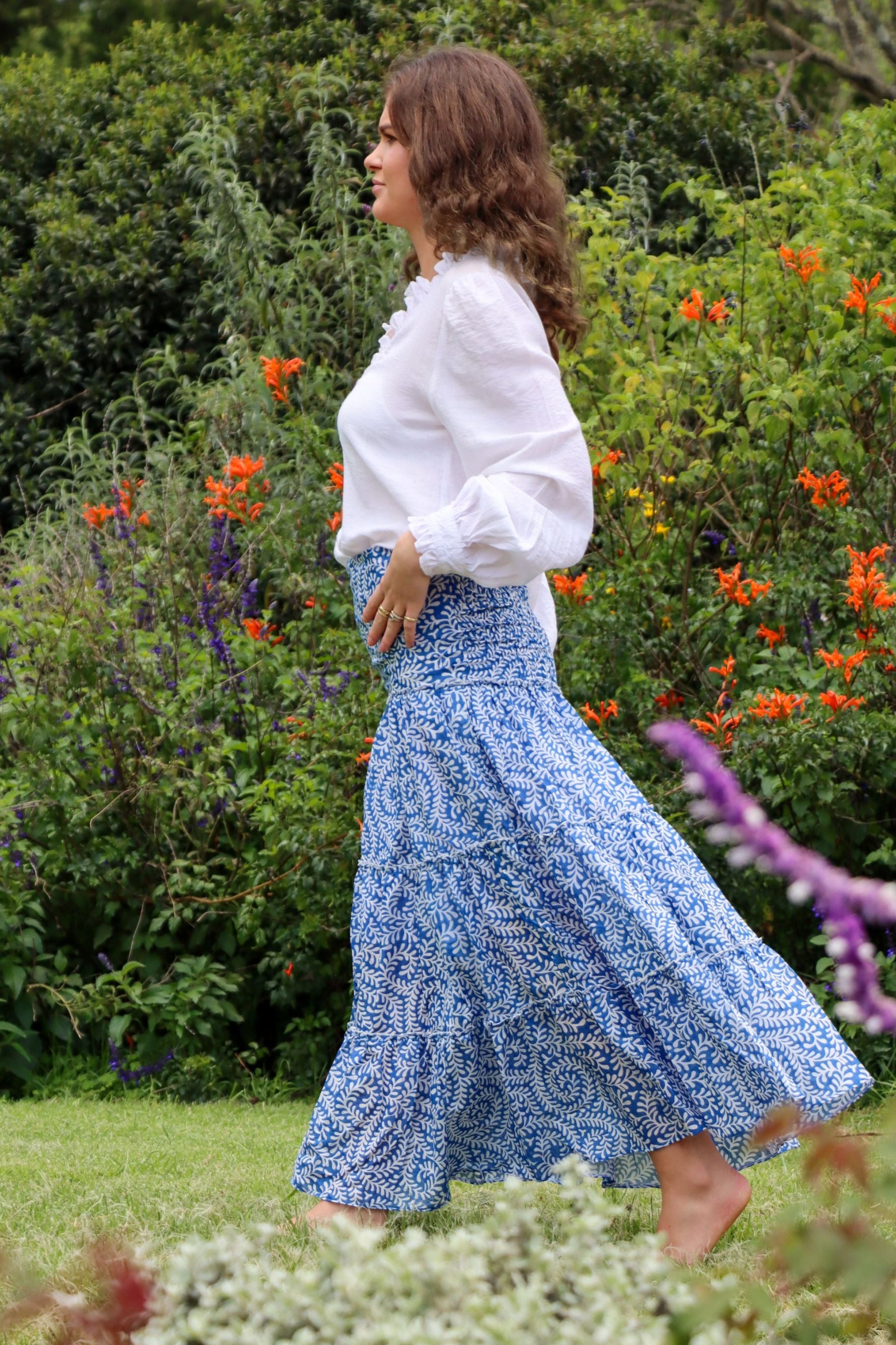 Long tiered rara skirt - blue spiral fern