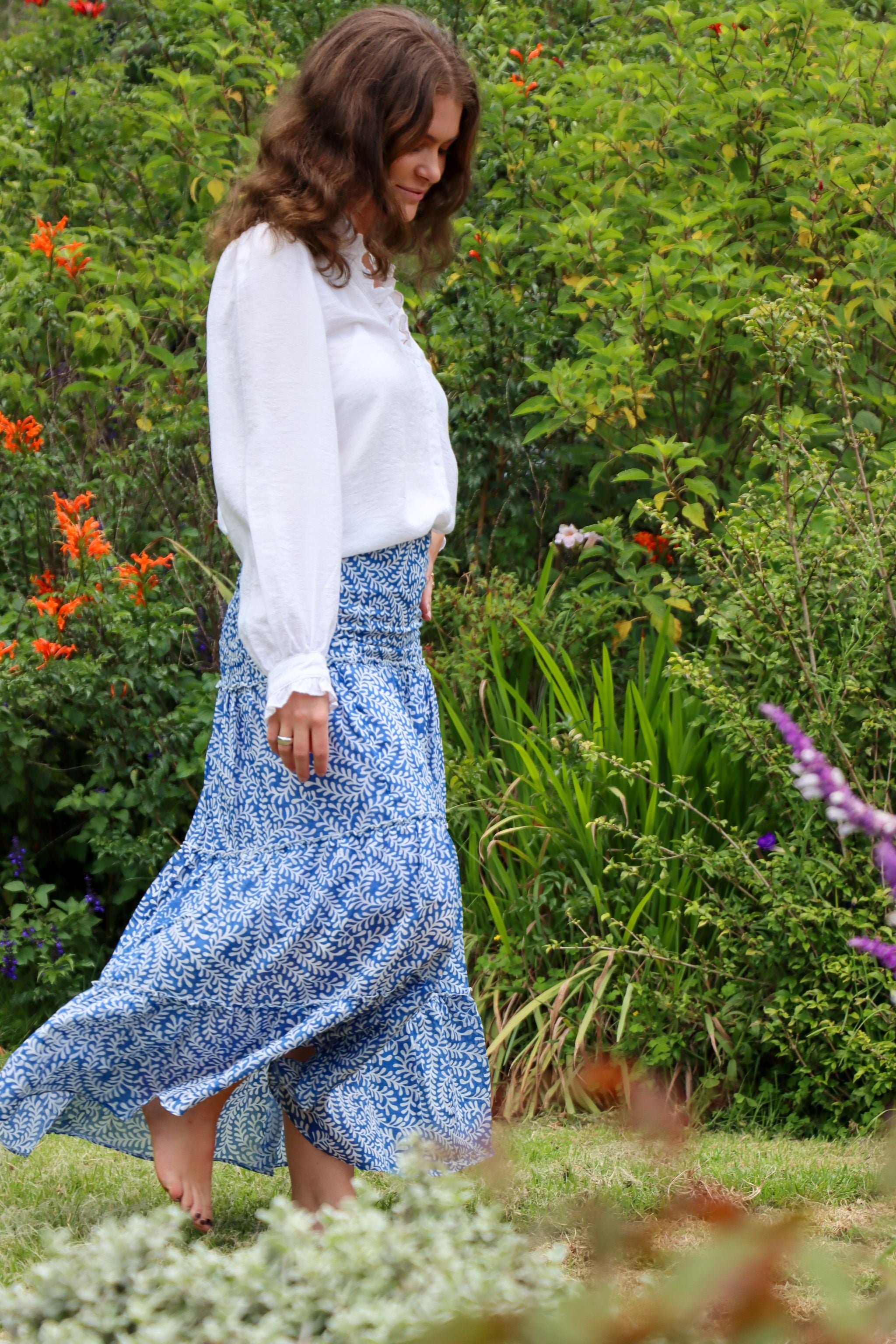 Long tiered rara skirt - blue spiral fern
