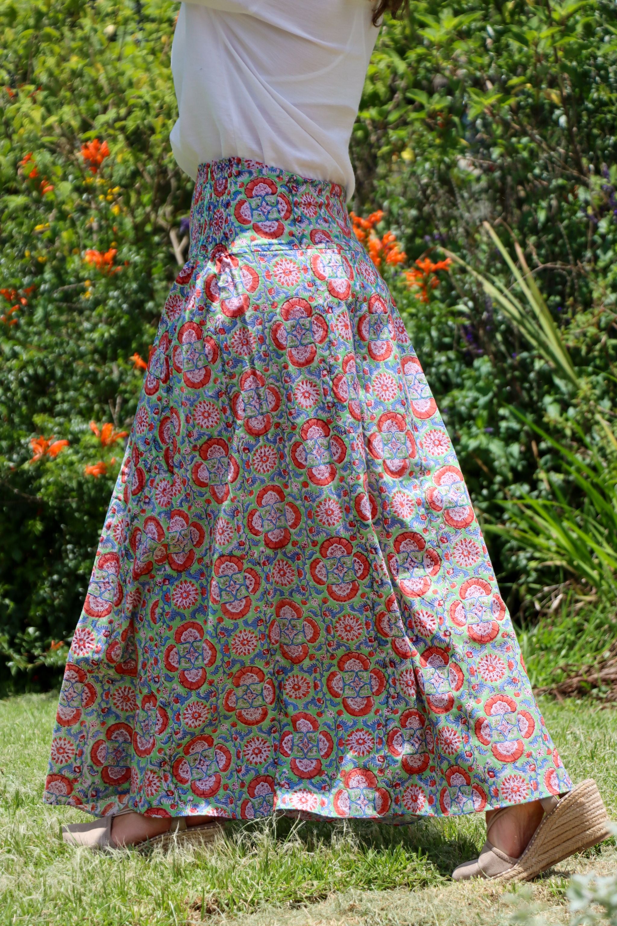 CHYULU ZIP MAXI SKIRT - petal mosaic on sage