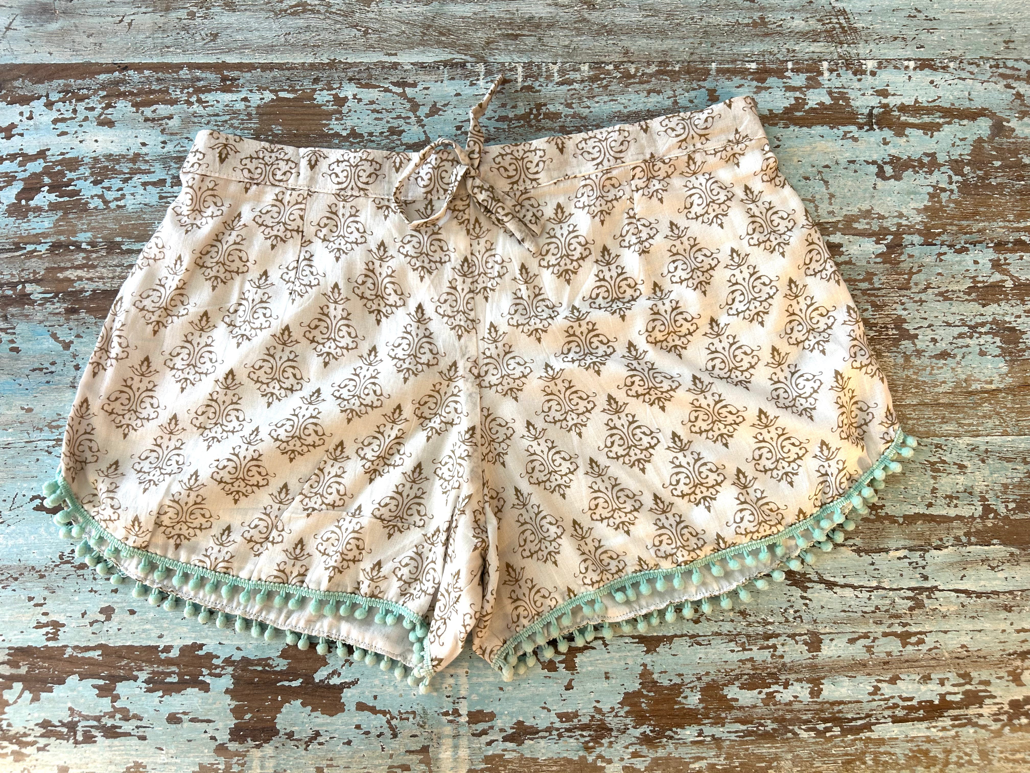 Coastie Shorts - fawn block print with aqua pompoms (XS)