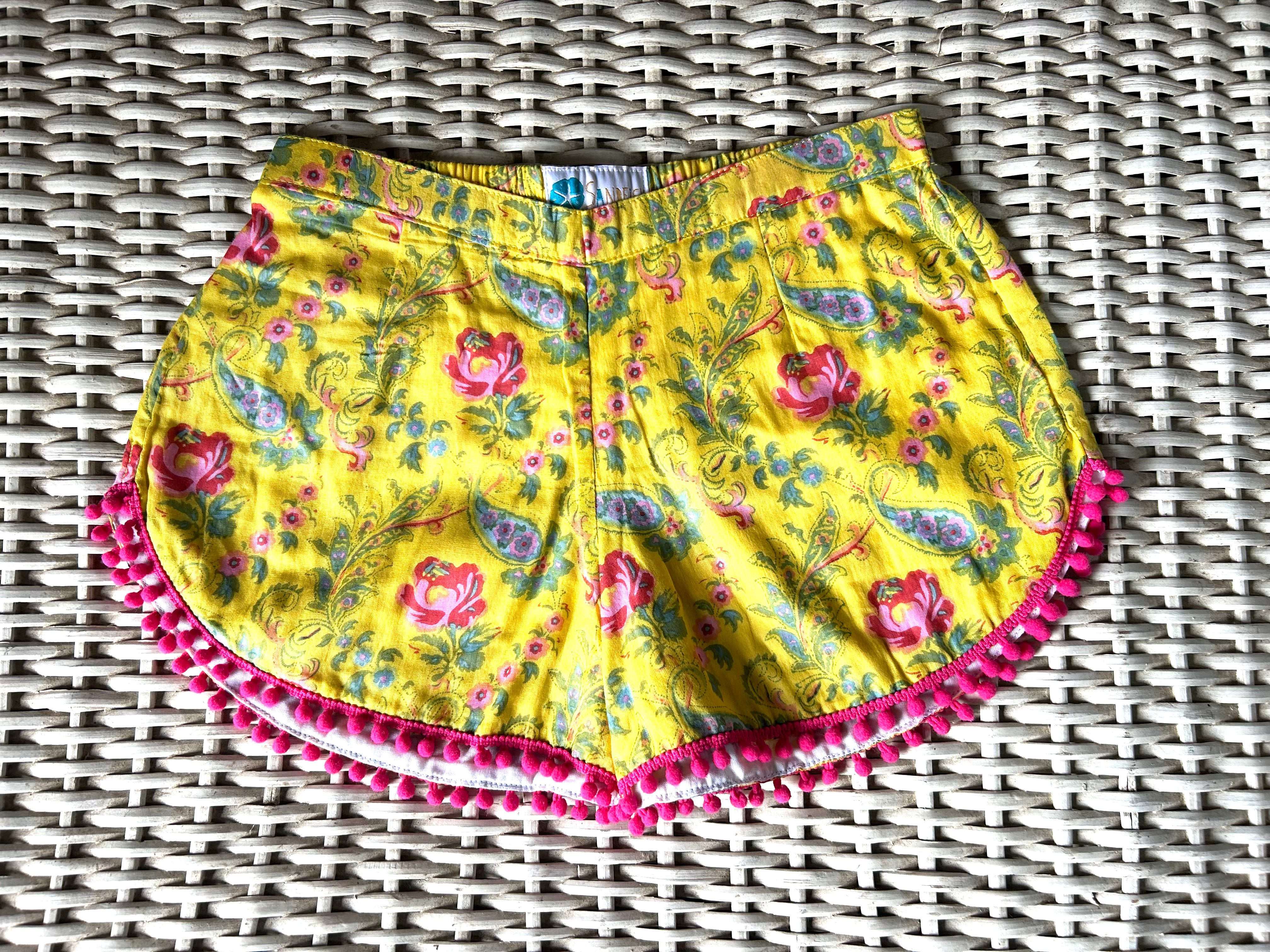 Coastie Shorts - yellow with pink roses and pompoms (10-11yrs)