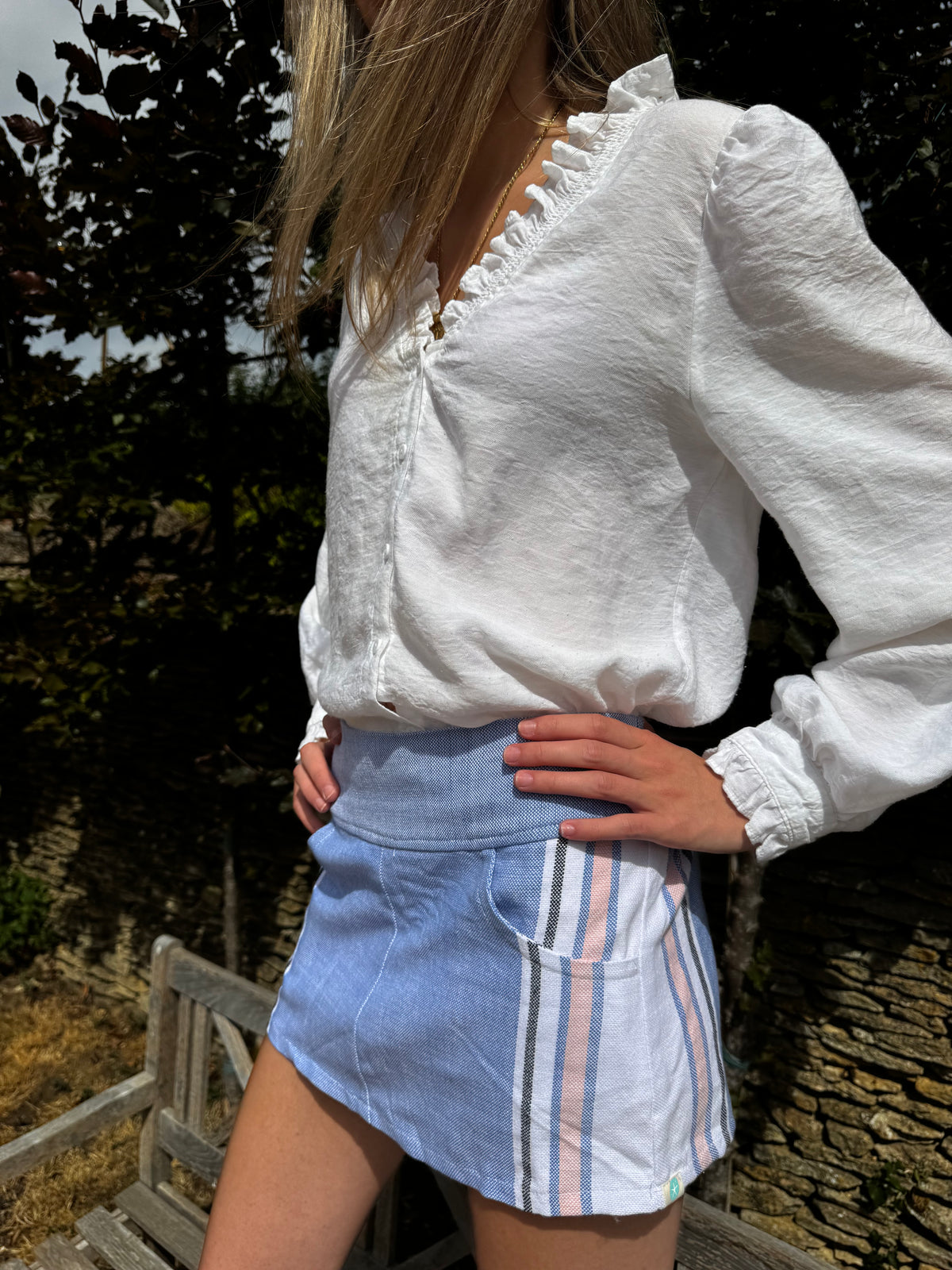 NEW! Kikoy mini skirt - pale blue with vertical stripe