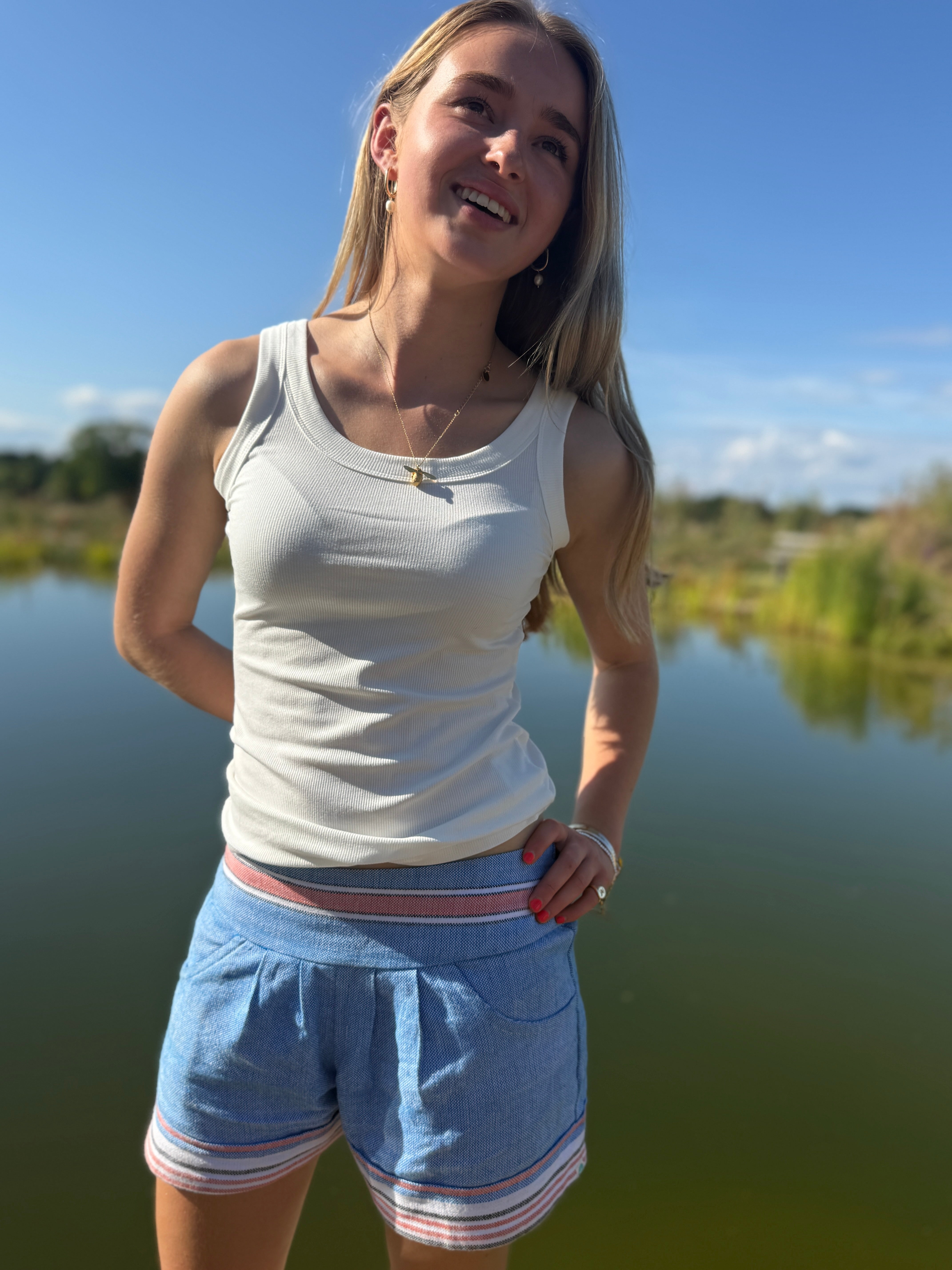 NEW! - KIKOY FLAT FRONT SHORTS - marine blue with red stripe