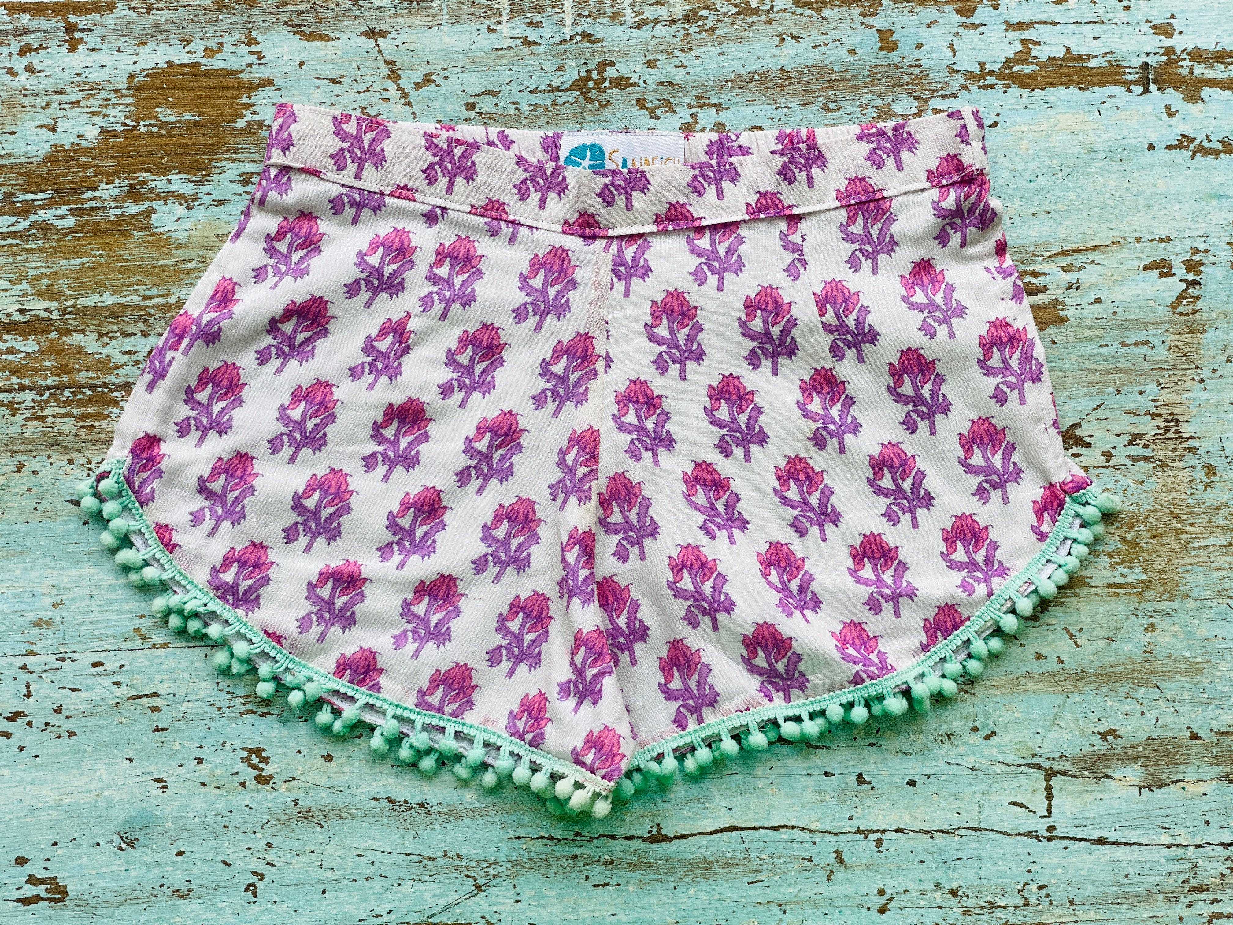 COASTIE SHORTS - Pink Purple Flower Turquoise Bobble