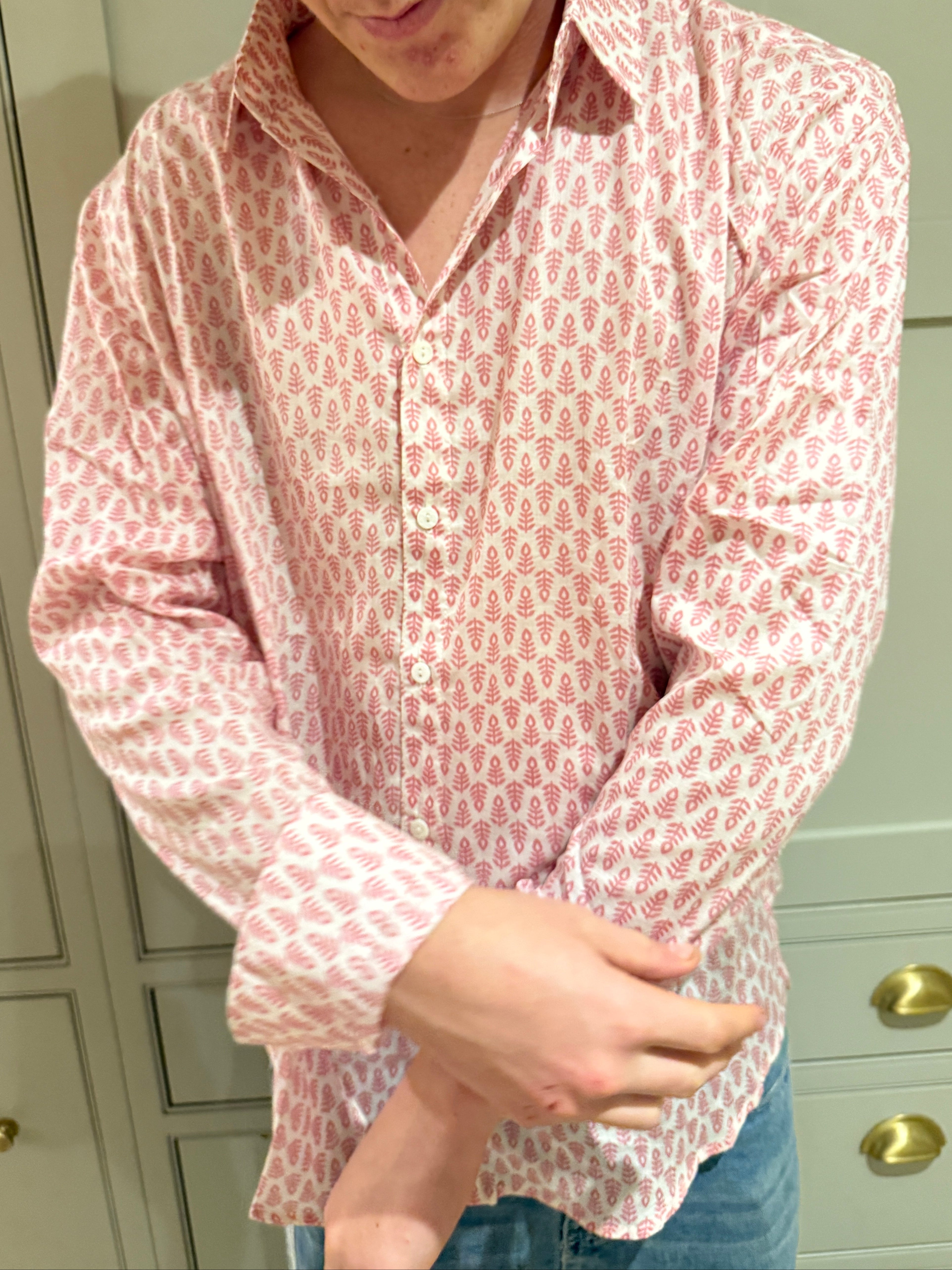 Classic Summer Shirt - white with pink fern