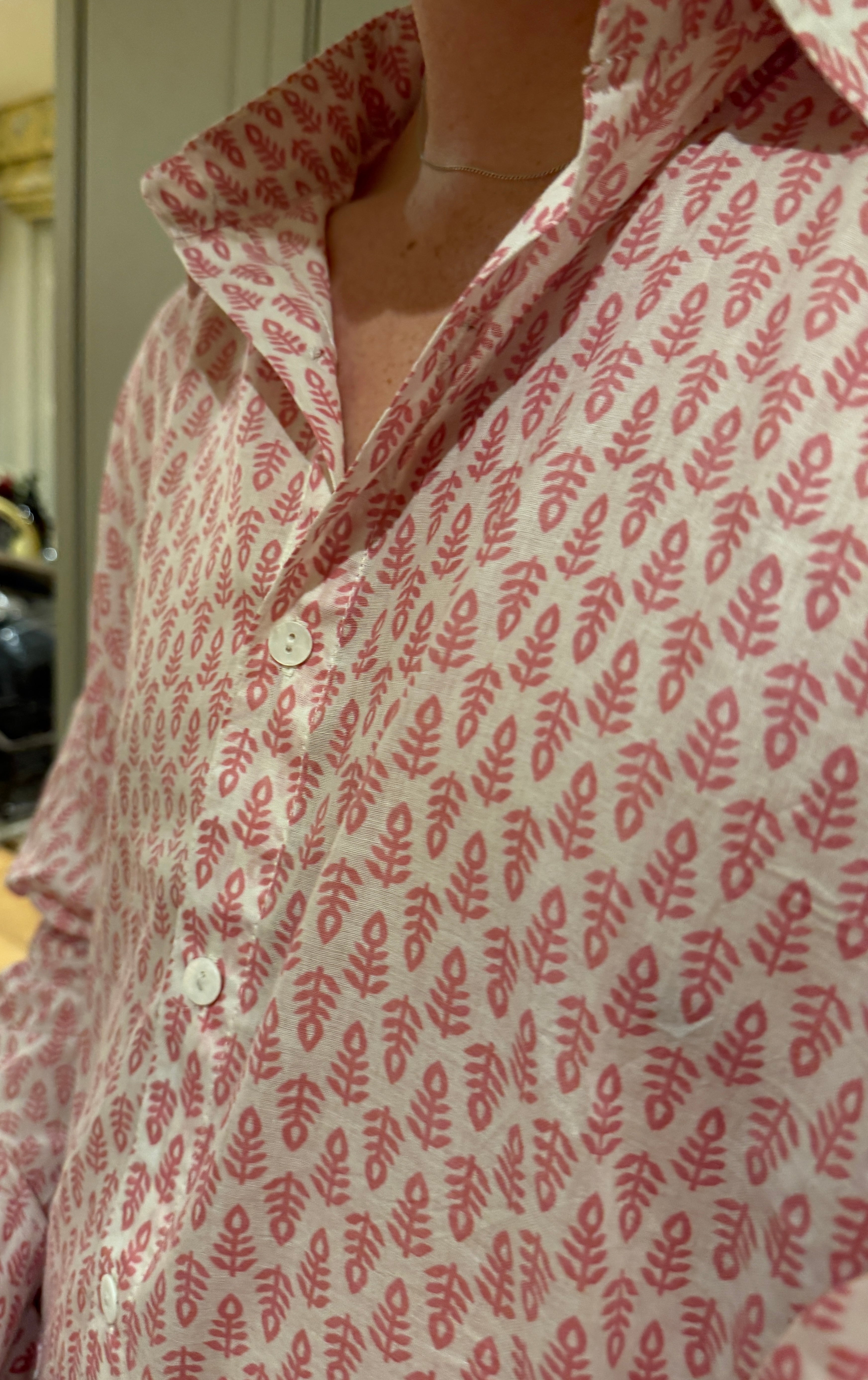 Classic Summer Shirt - white with pink fern