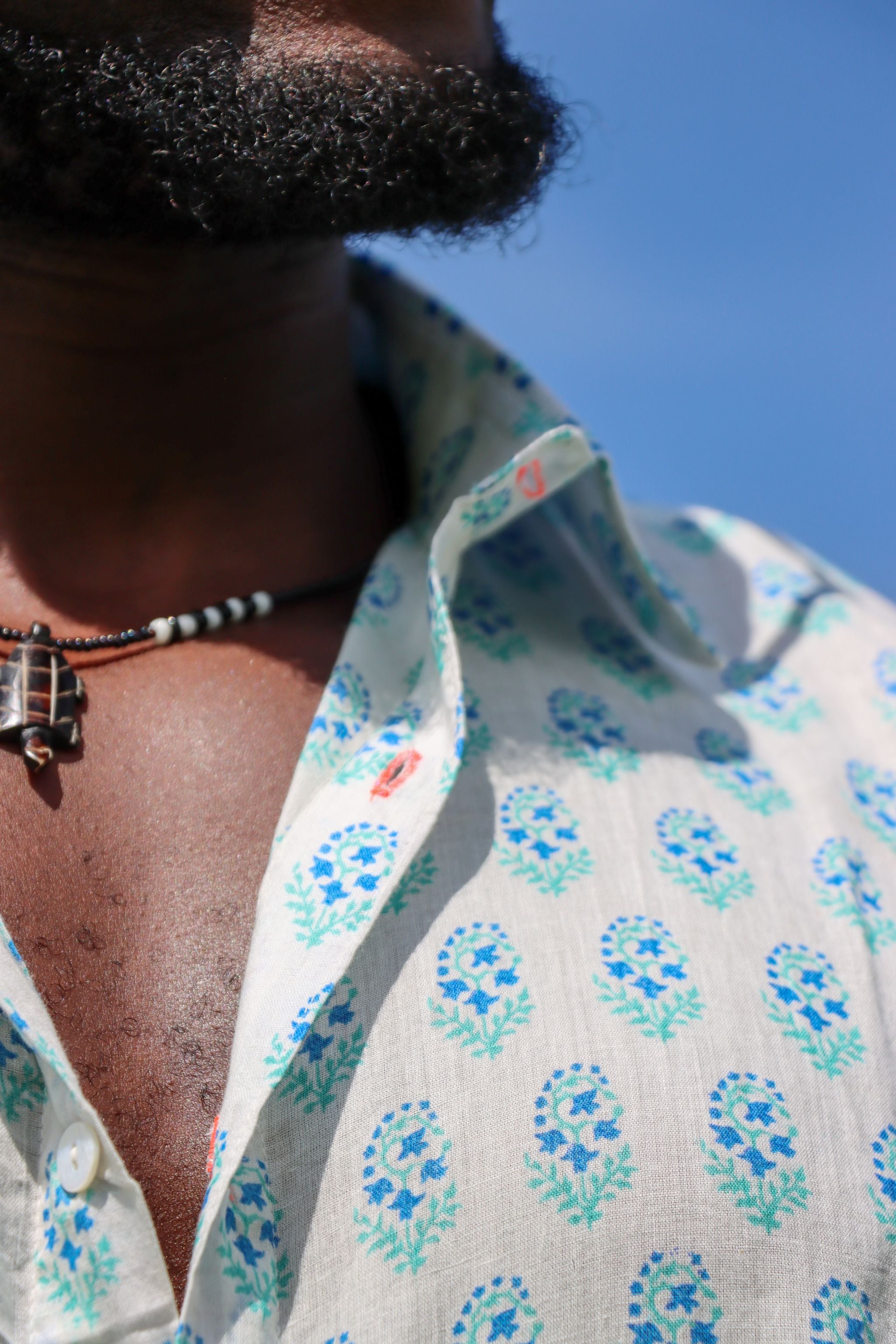 Classic Summer Shirt - forget-me-not blue with orange button holes
