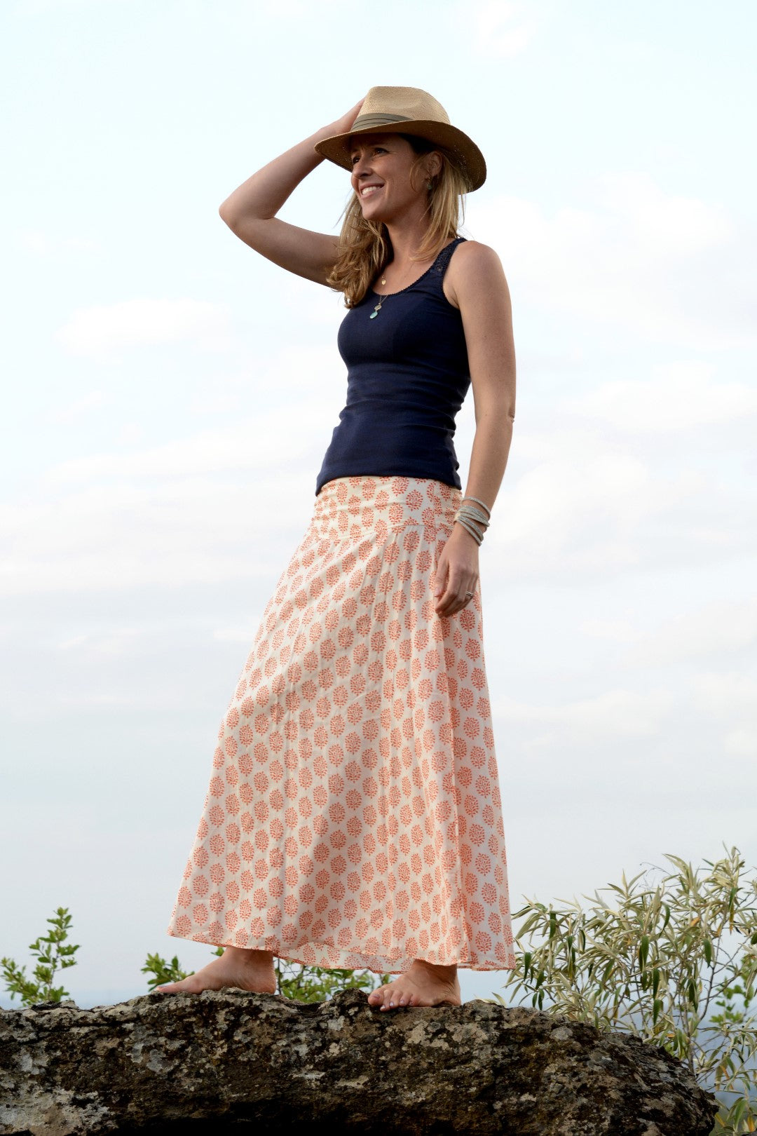 Chyulu Zip Maxi Skirt - Cream Rust Leaf