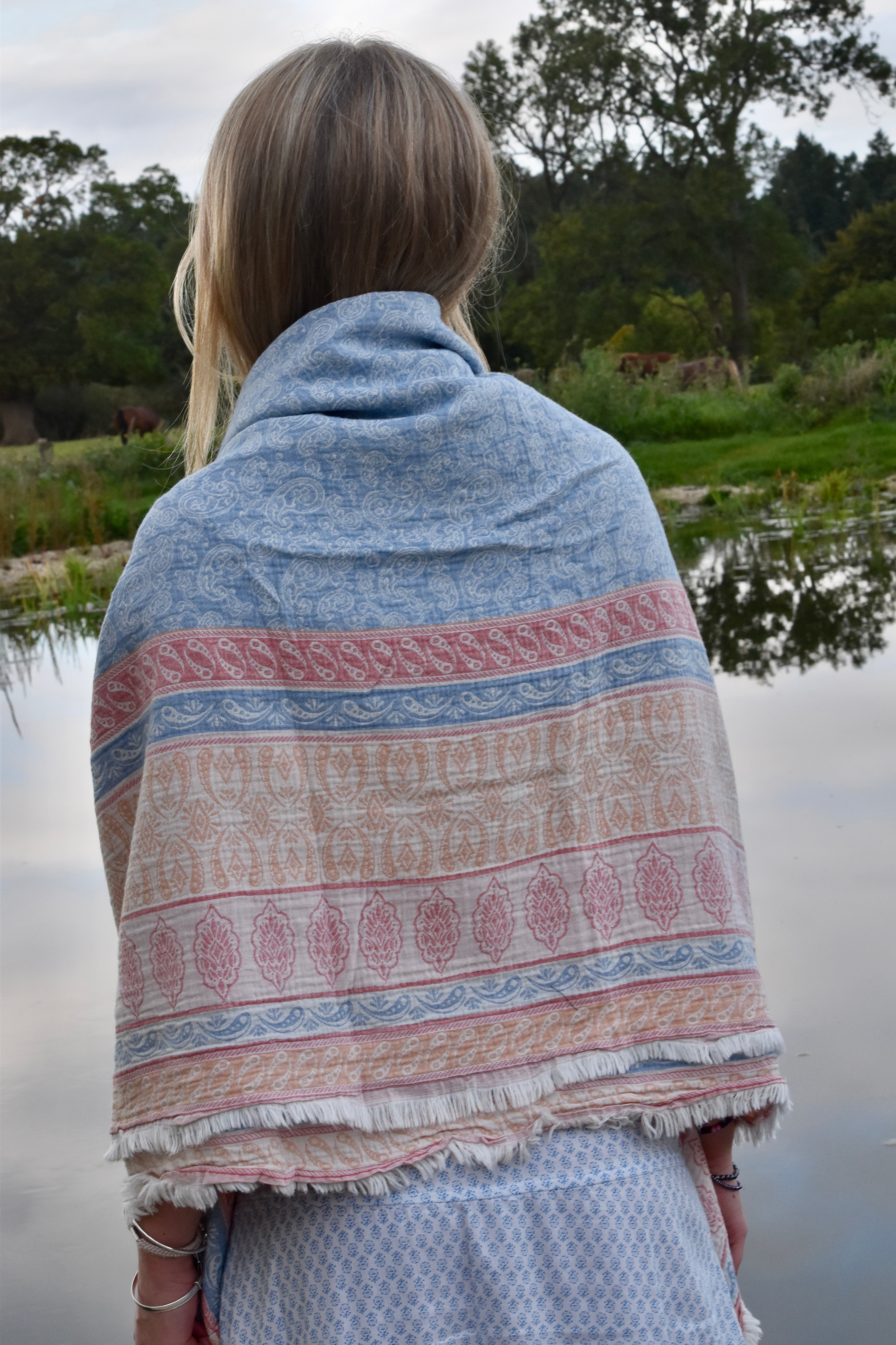 HAND WOVEN BEACH WRAP - Navy and Burnt Orange