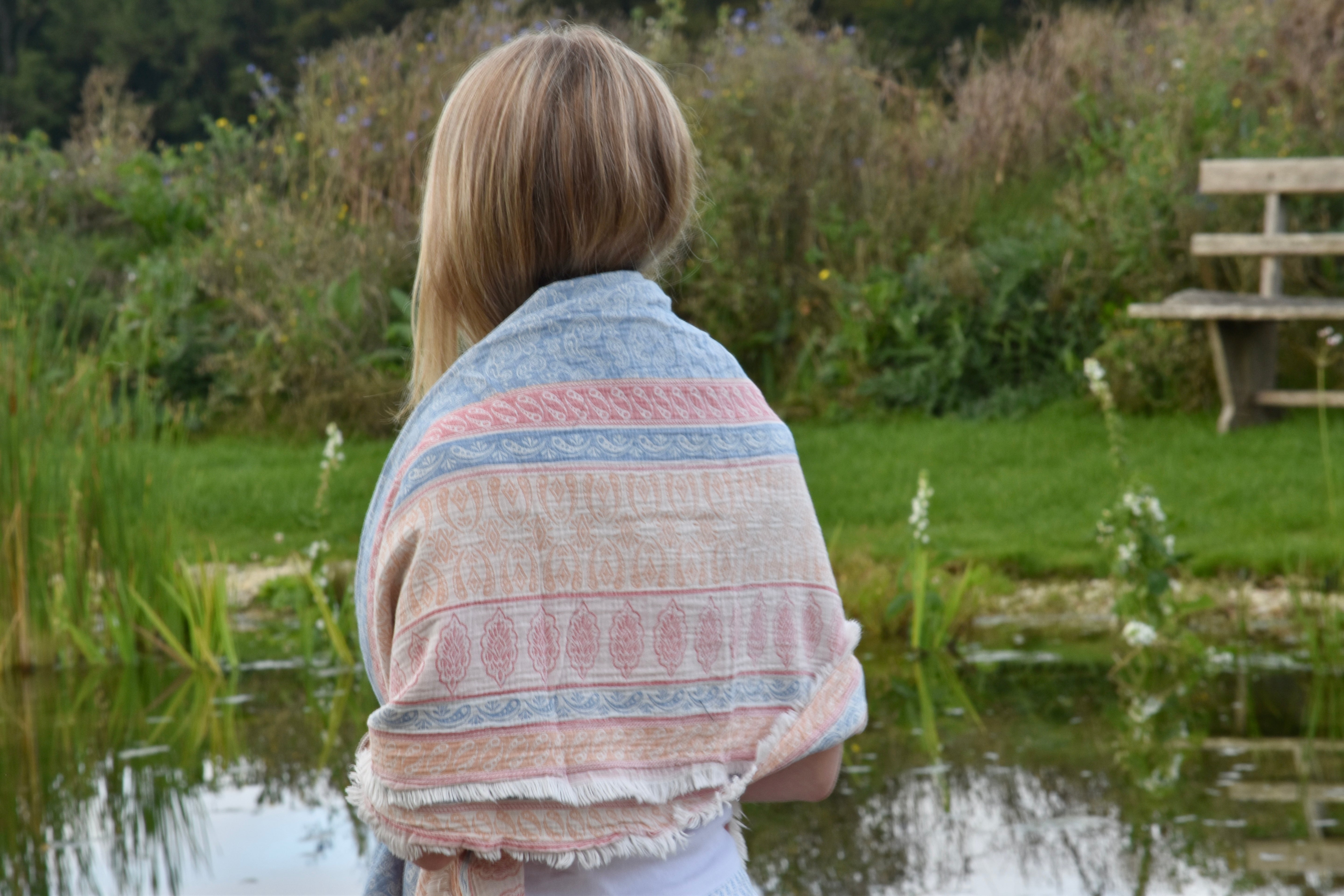 HAND WOVEN BEACH WRAP - Navy and Burnt Orange