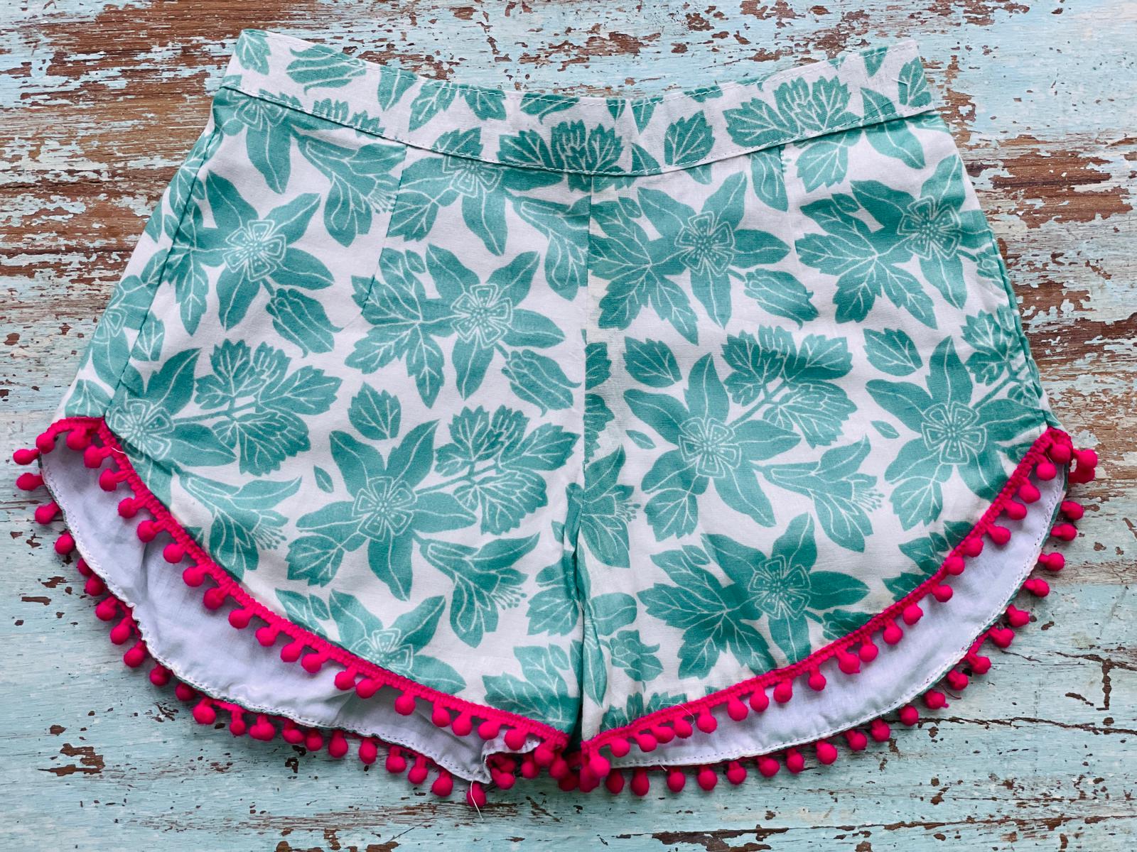 COASTIE SHORTS - Turquoise White Flower Pink Bobble