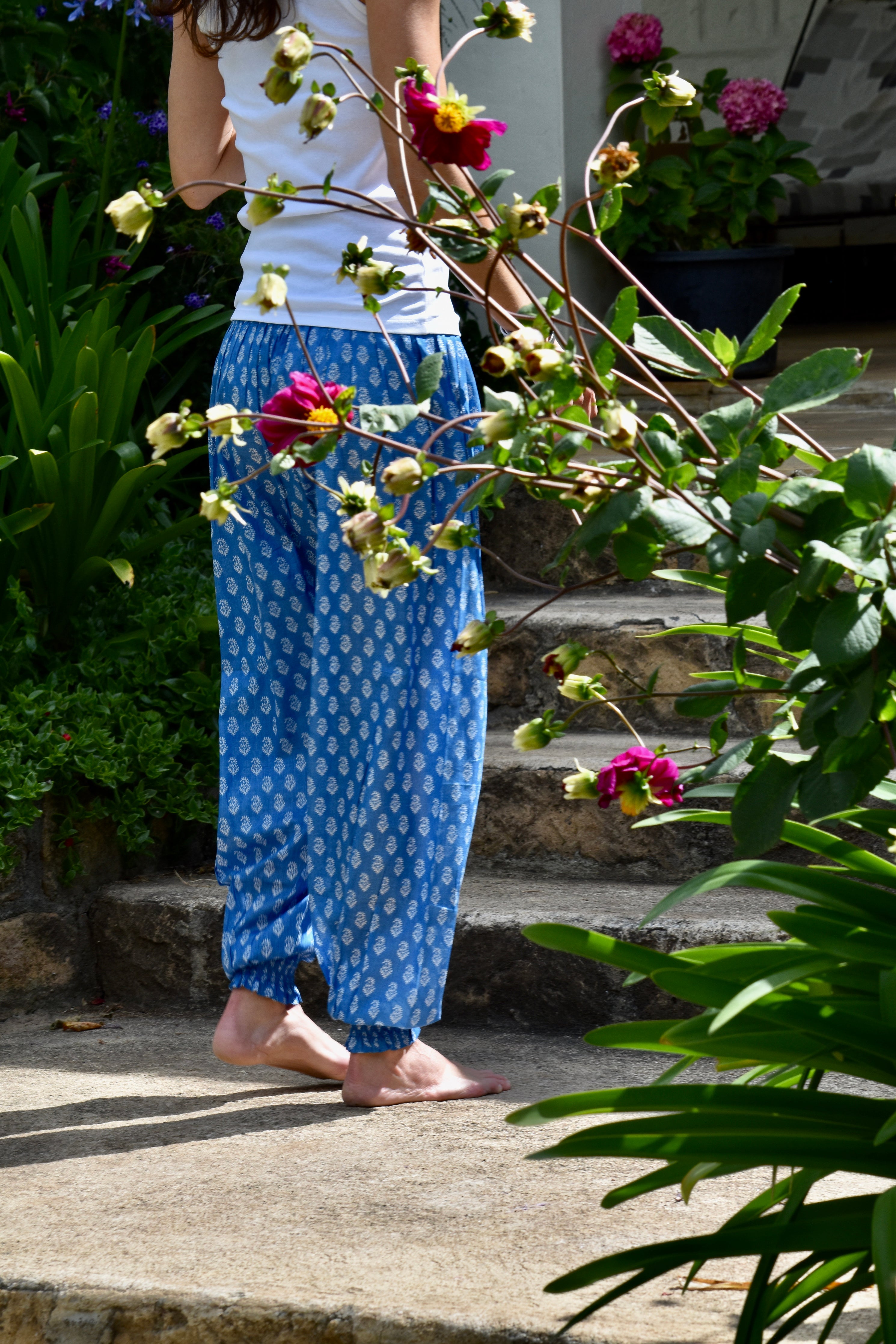 Adult Balloon Pants - Blue White Flower