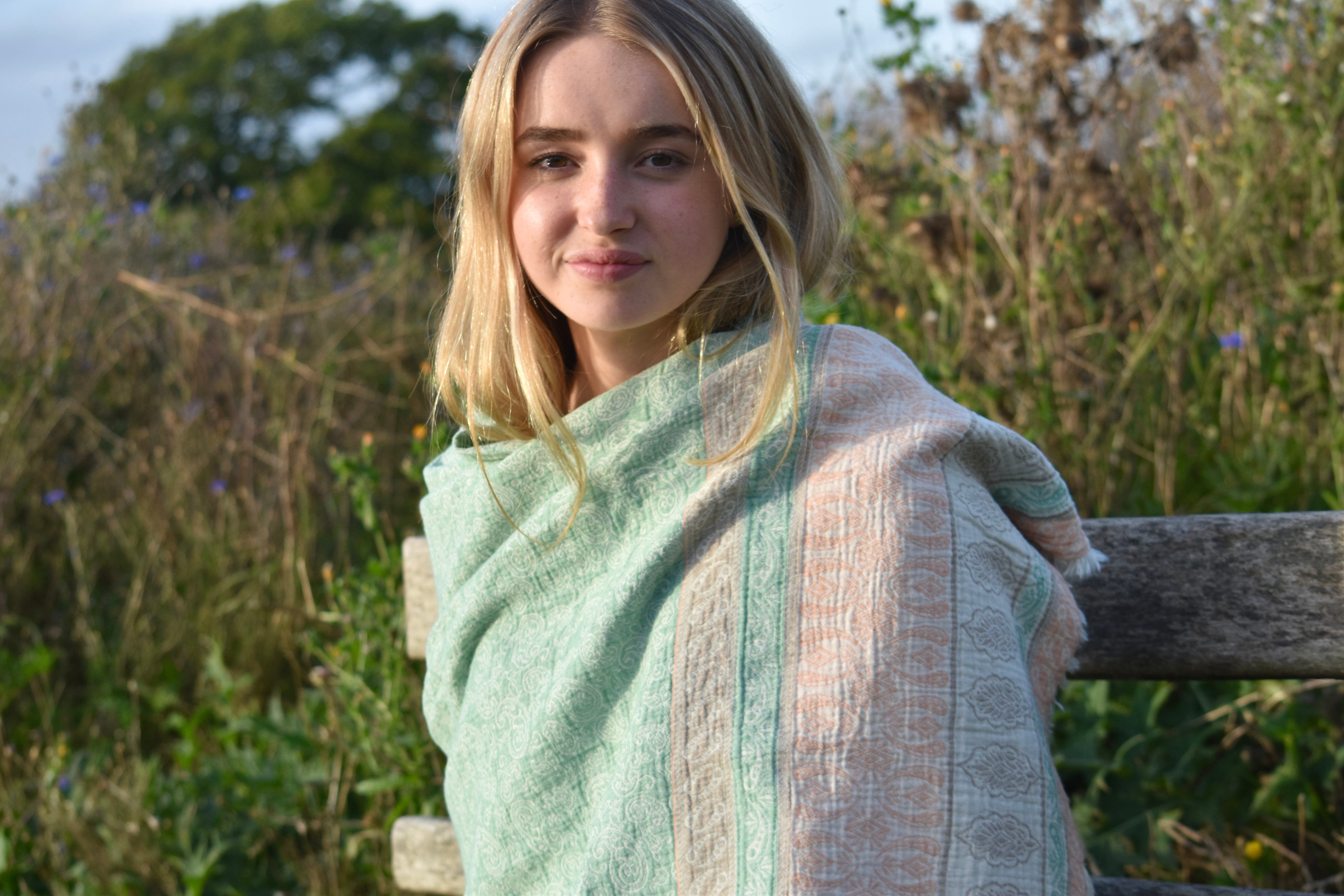 HAND WOVEN BEACH WRAP - GREEN AND BROWN