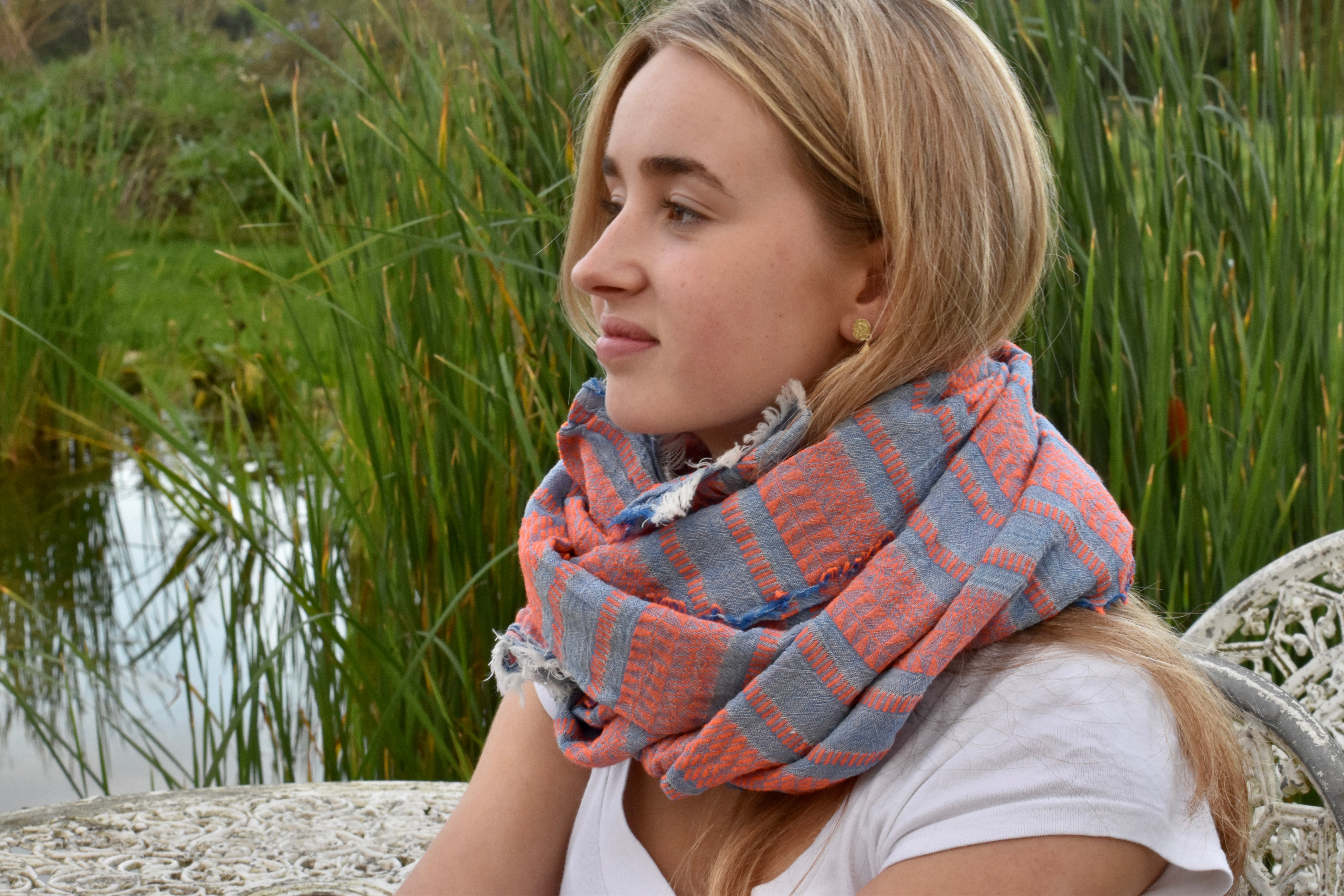 HAND WOVEN COTTON SCARF - BLUE AND OCHRE