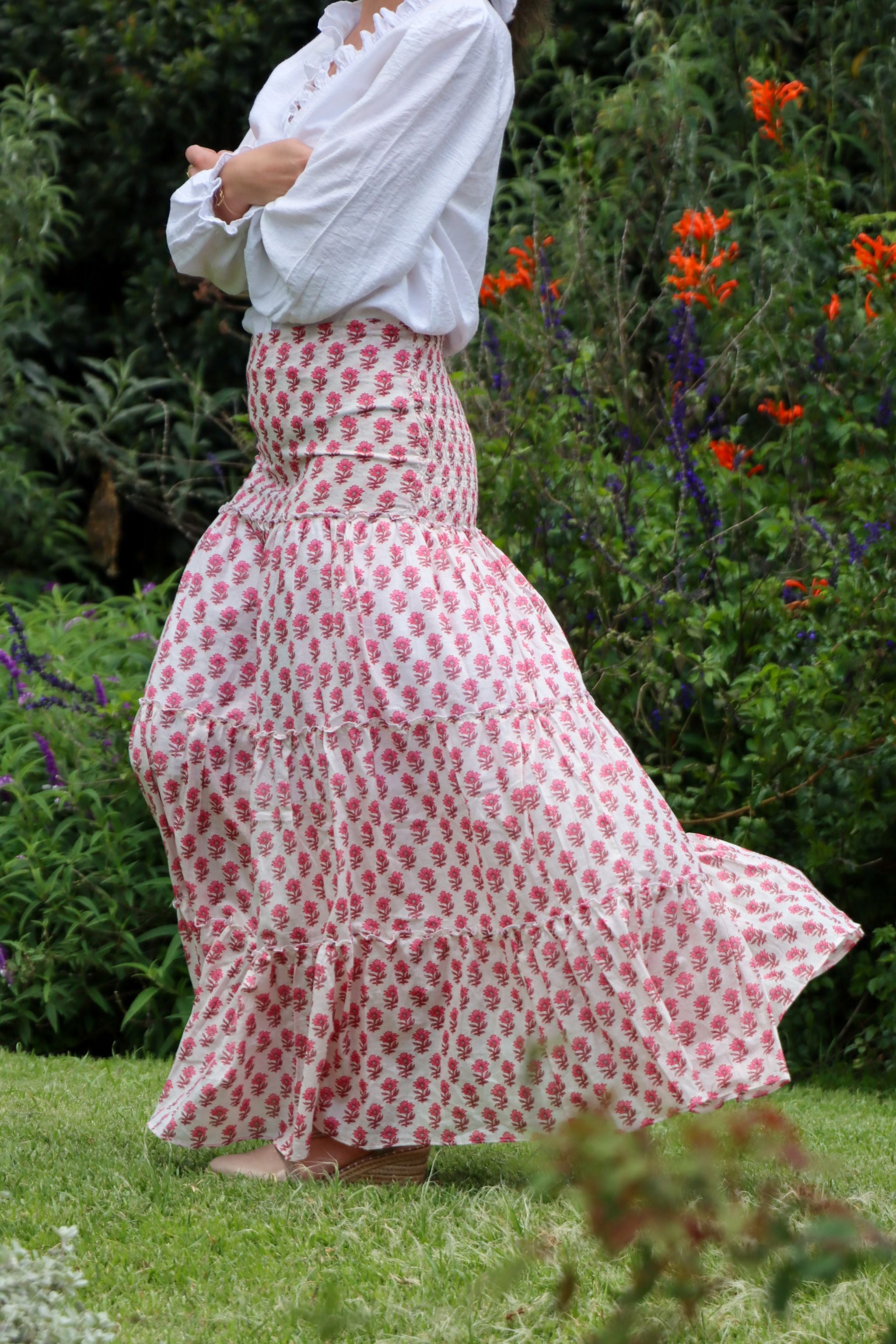 Long tiered rara skirt - pink anenome