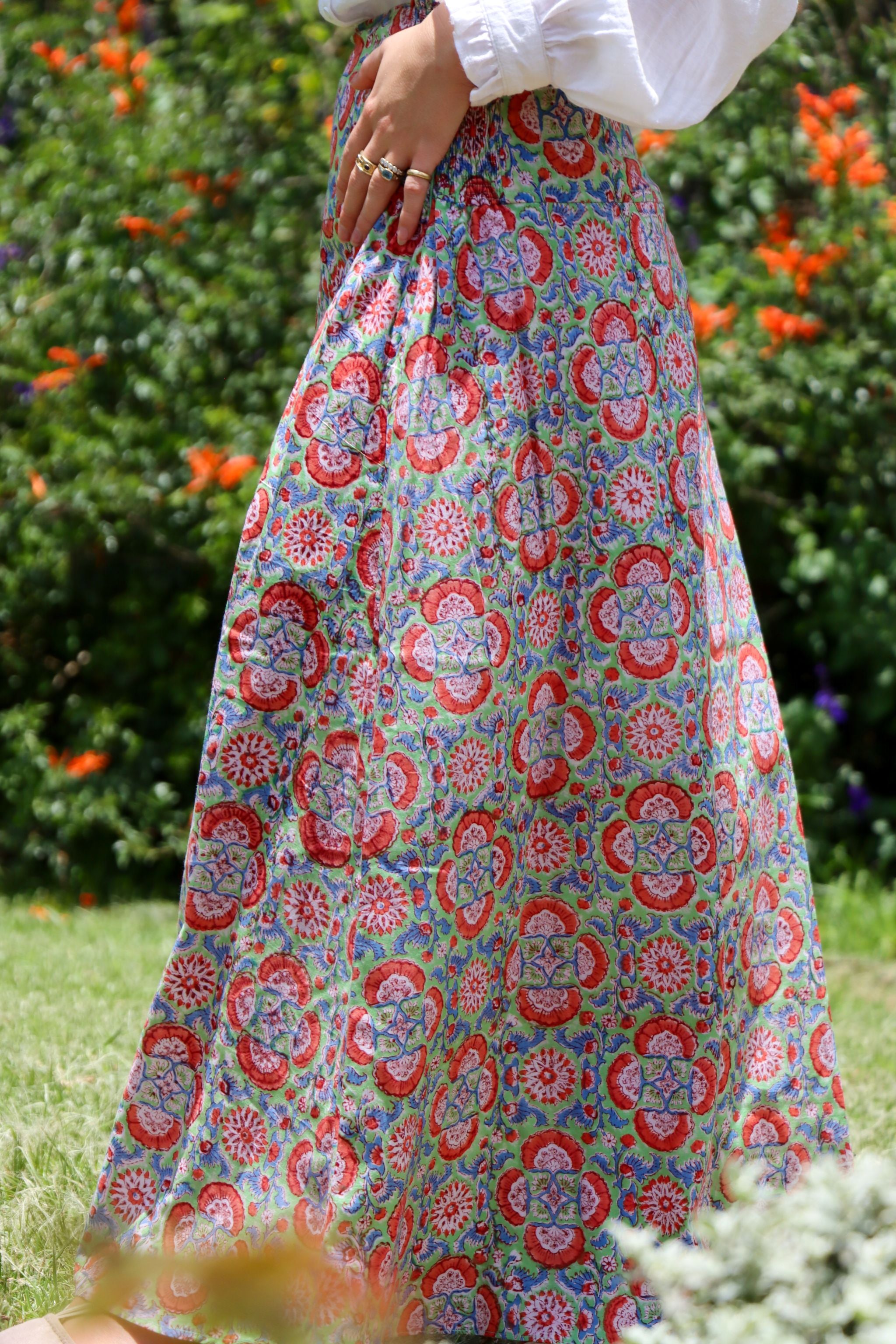CHYULU ZIP MAXI SKIRT - petal mosaic on sage