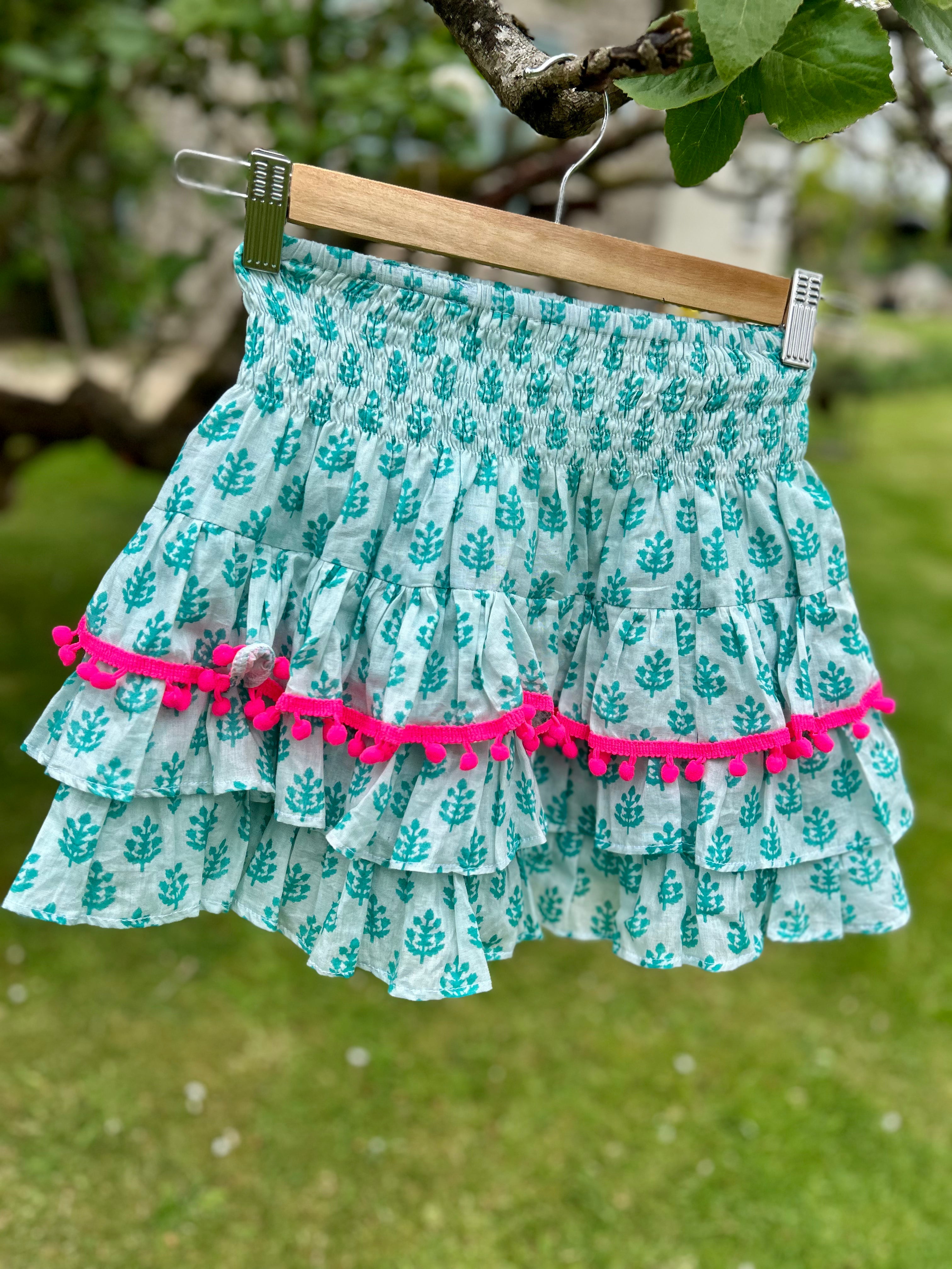 NEW! Rara Skort - Indian block print green with neon pink