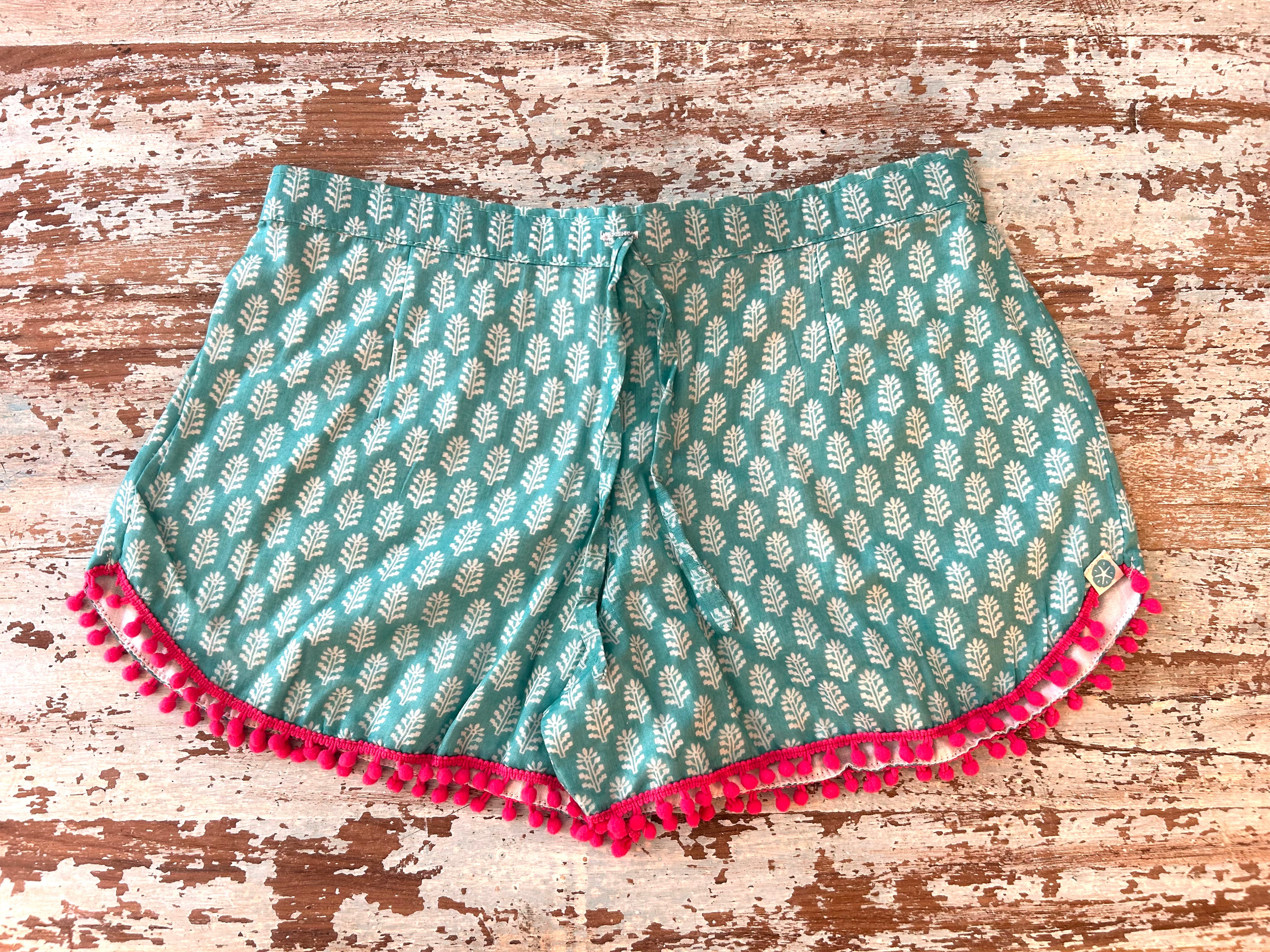 Coastie Shorts - turquoise with pink pompoms (XS)