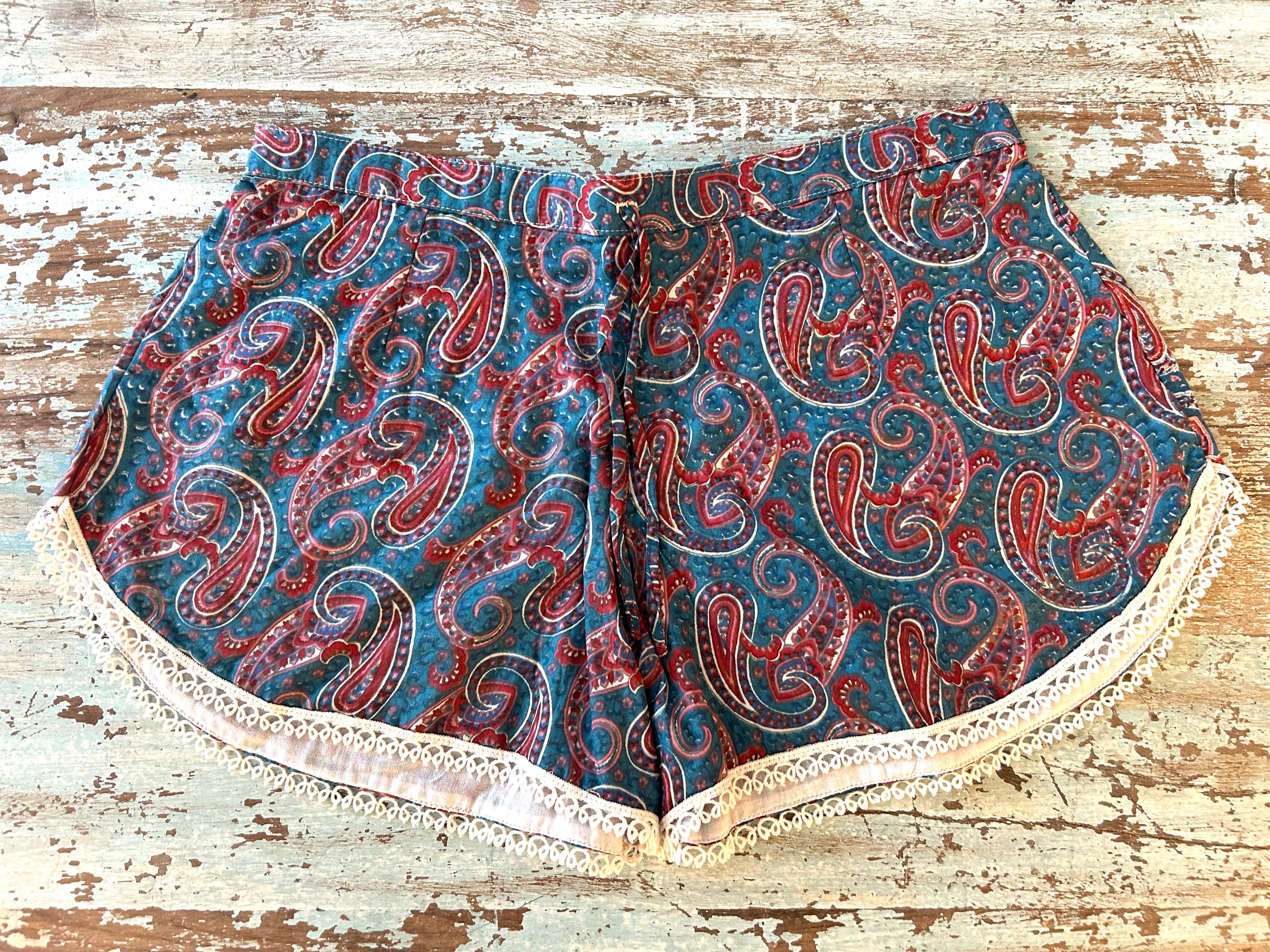 Coastie Shorts - blue and red paisley with white lace (XS)