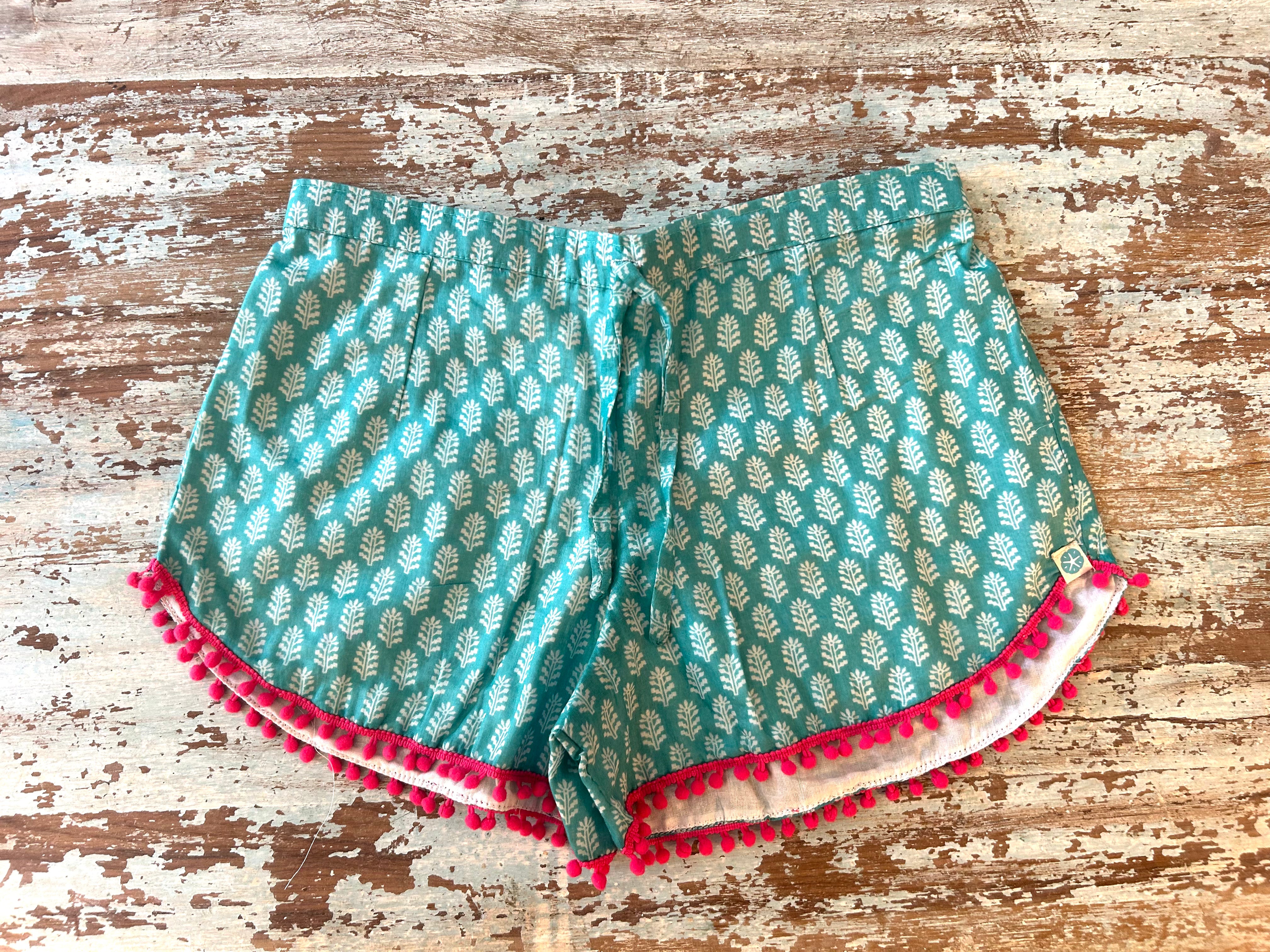 Coastie Shorts - turquoise with pink pompoms (S)