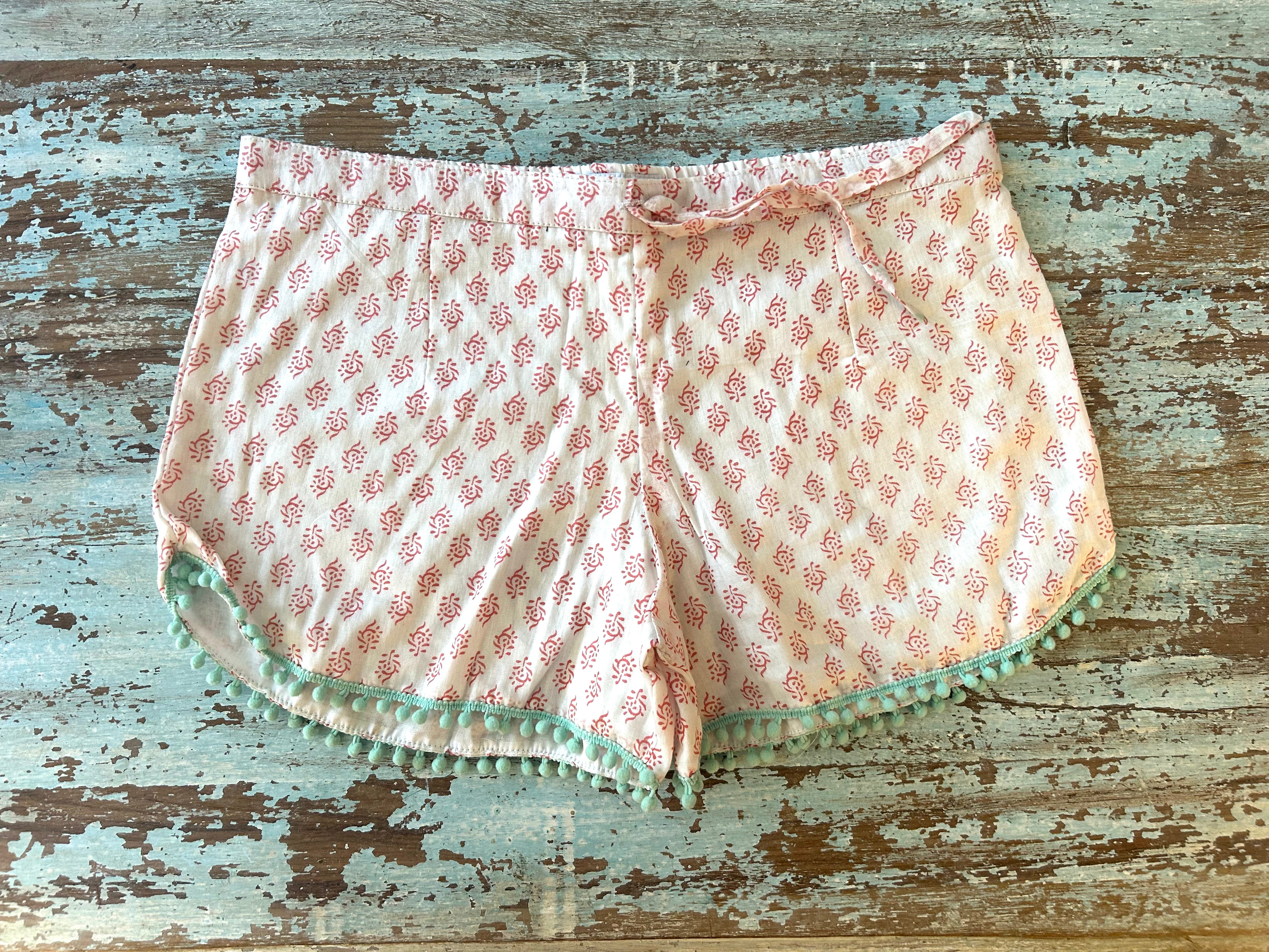 Coastie Shorts - mini block print with aqua pompoms (M)