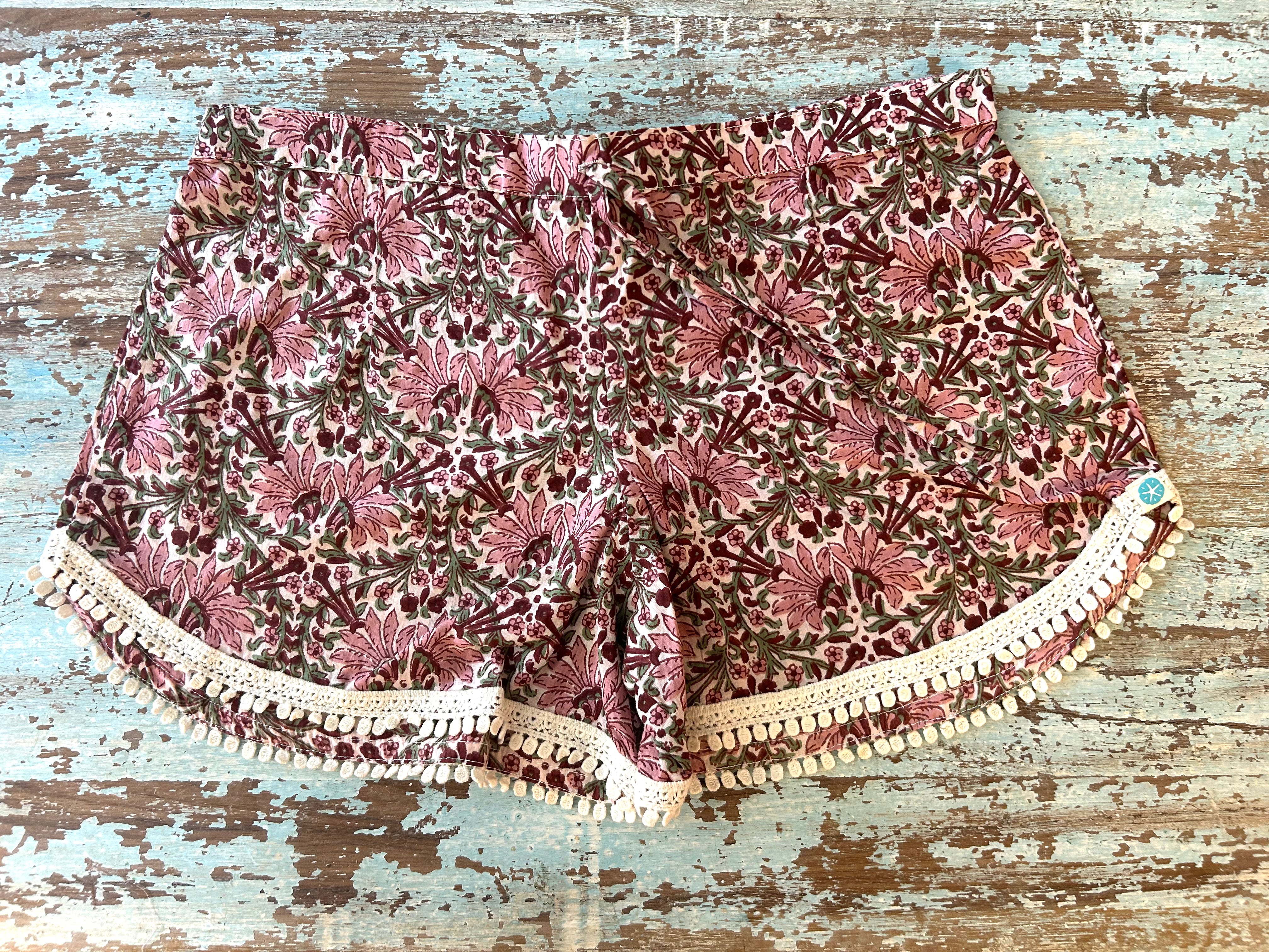 Coastie Shorts - damson and pink with white lace (M)