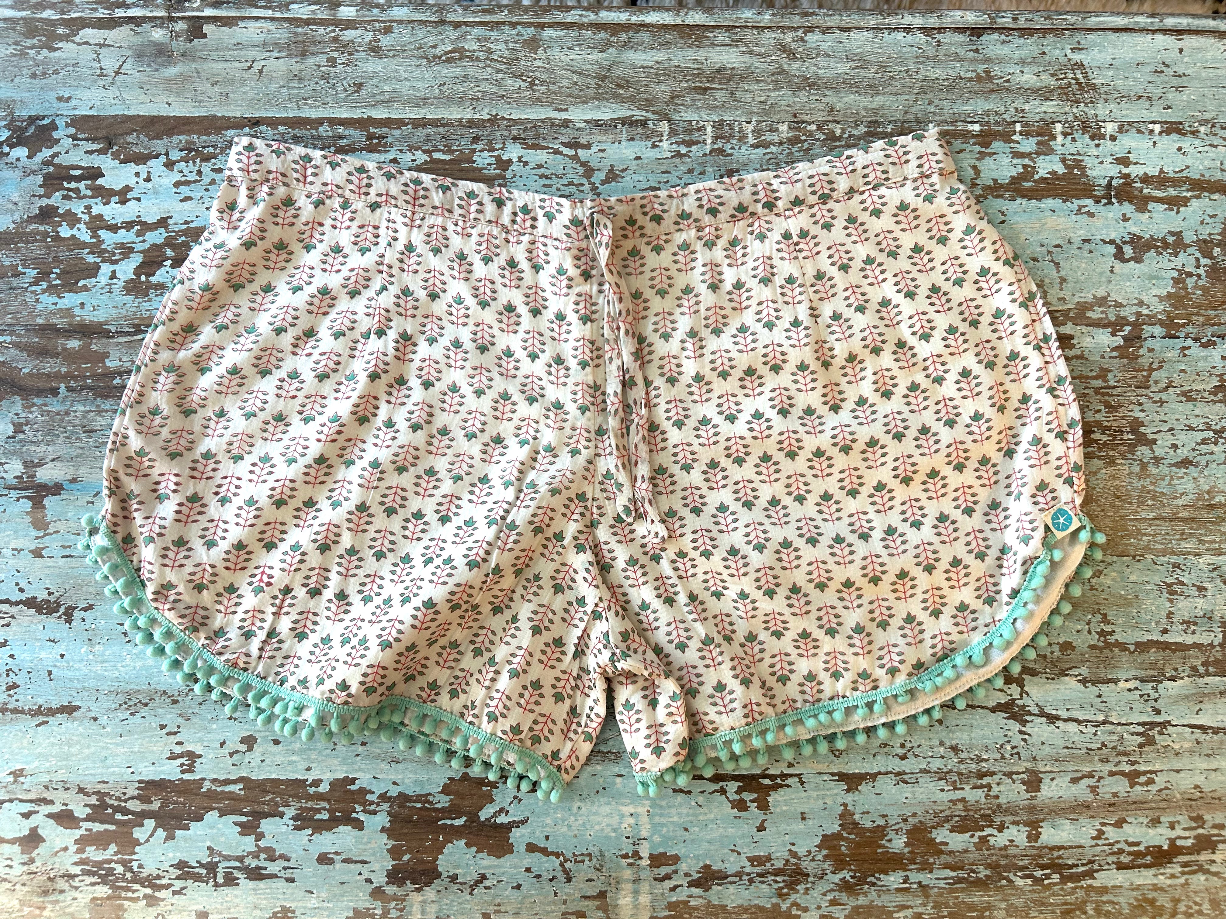 Coastie Shorts - Spring greens with aqua pompoms (L)
