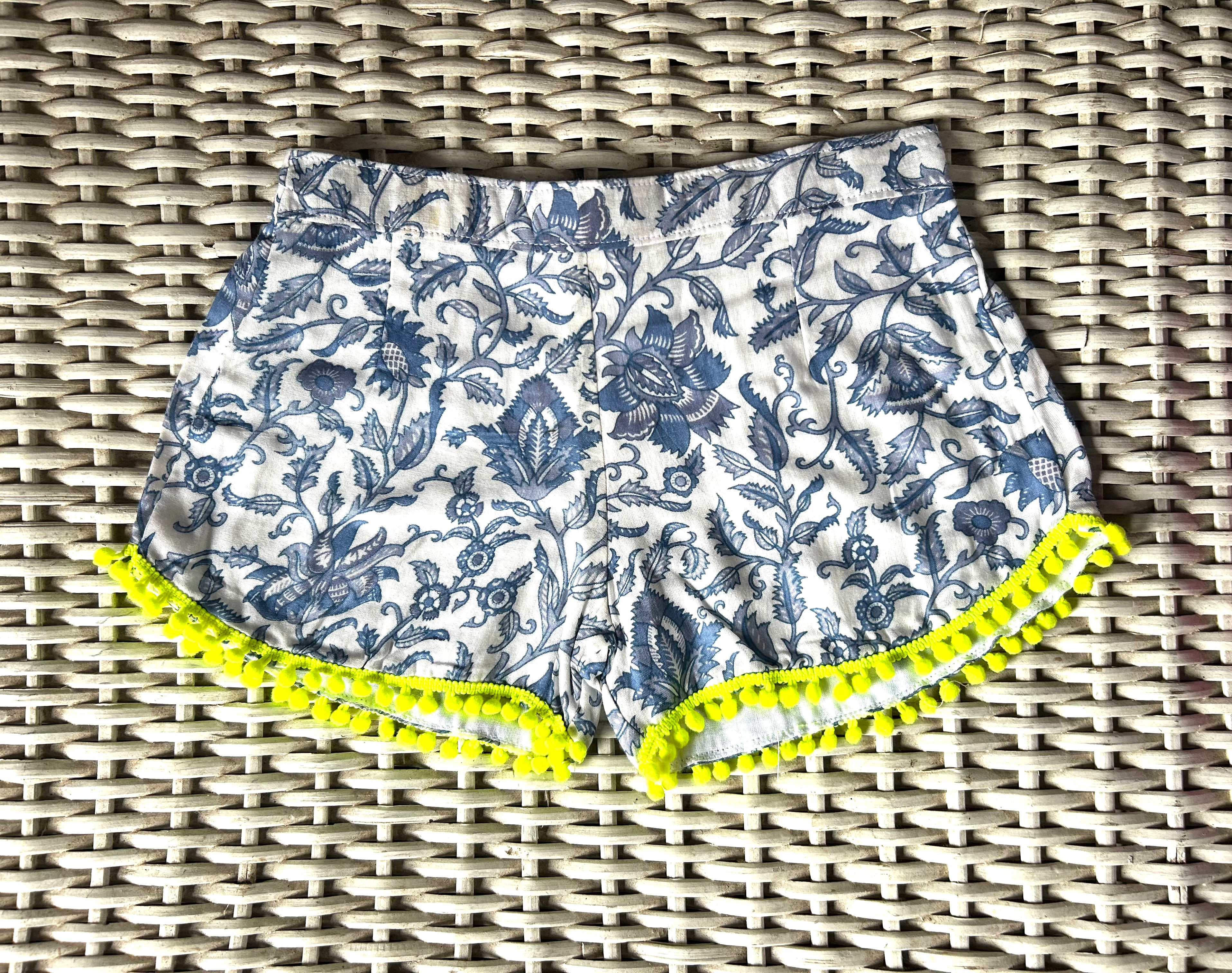 Coastie Shorts - blue vines with yellow pompoms (2-3yrs)