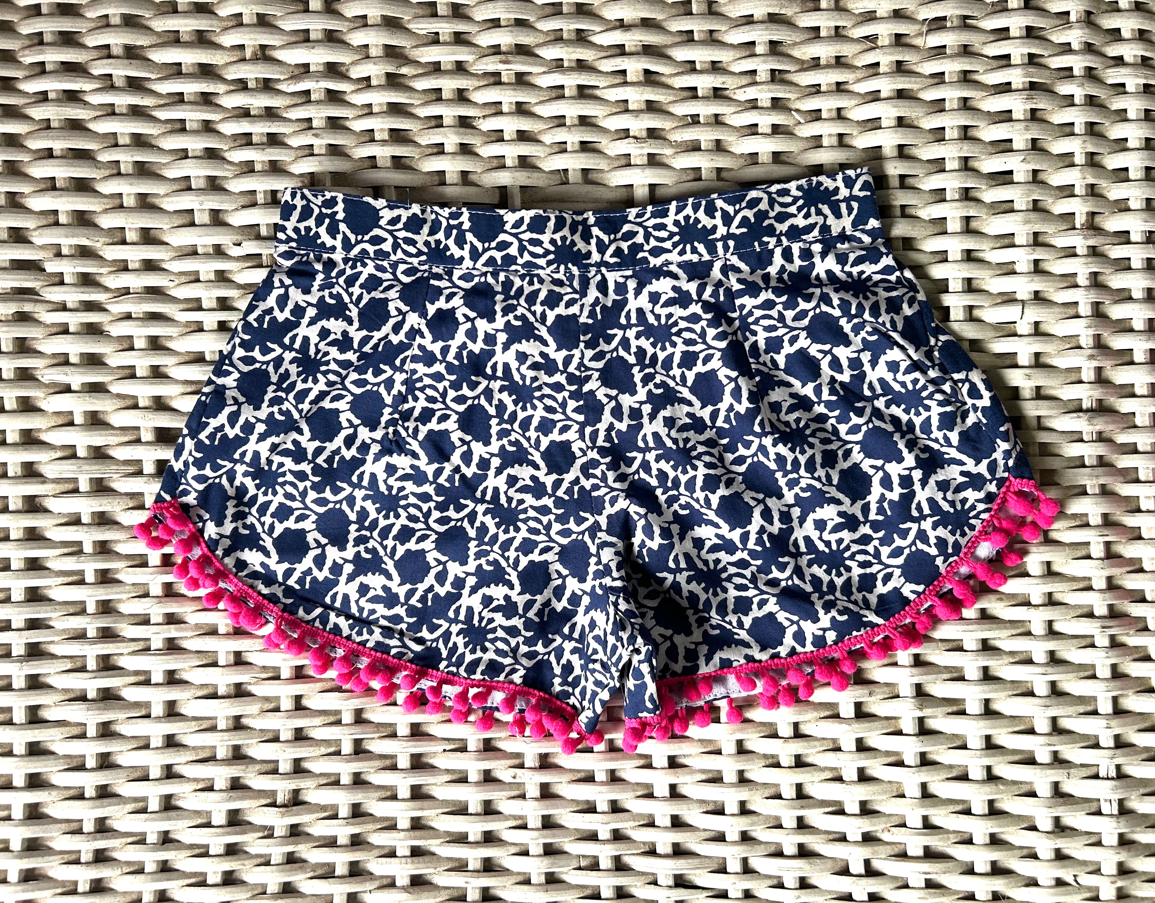Coastie Shorts - navy flowers with pink pompoms (2-3yrs)
