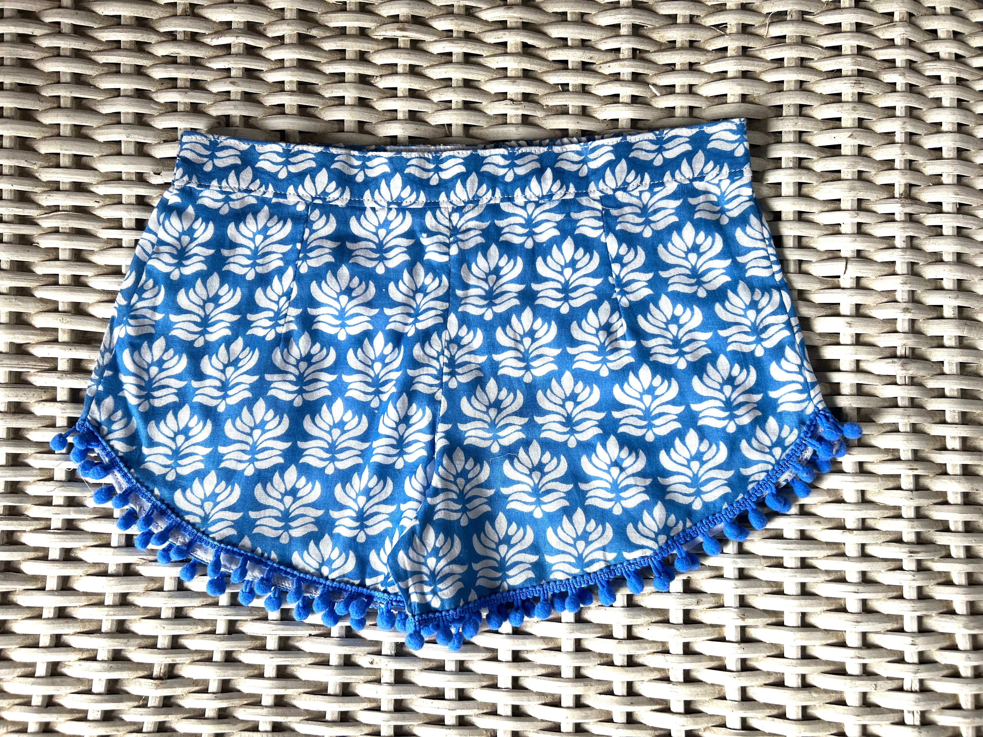 Coastie Shorts - blue with white lotus (4-5yrs)