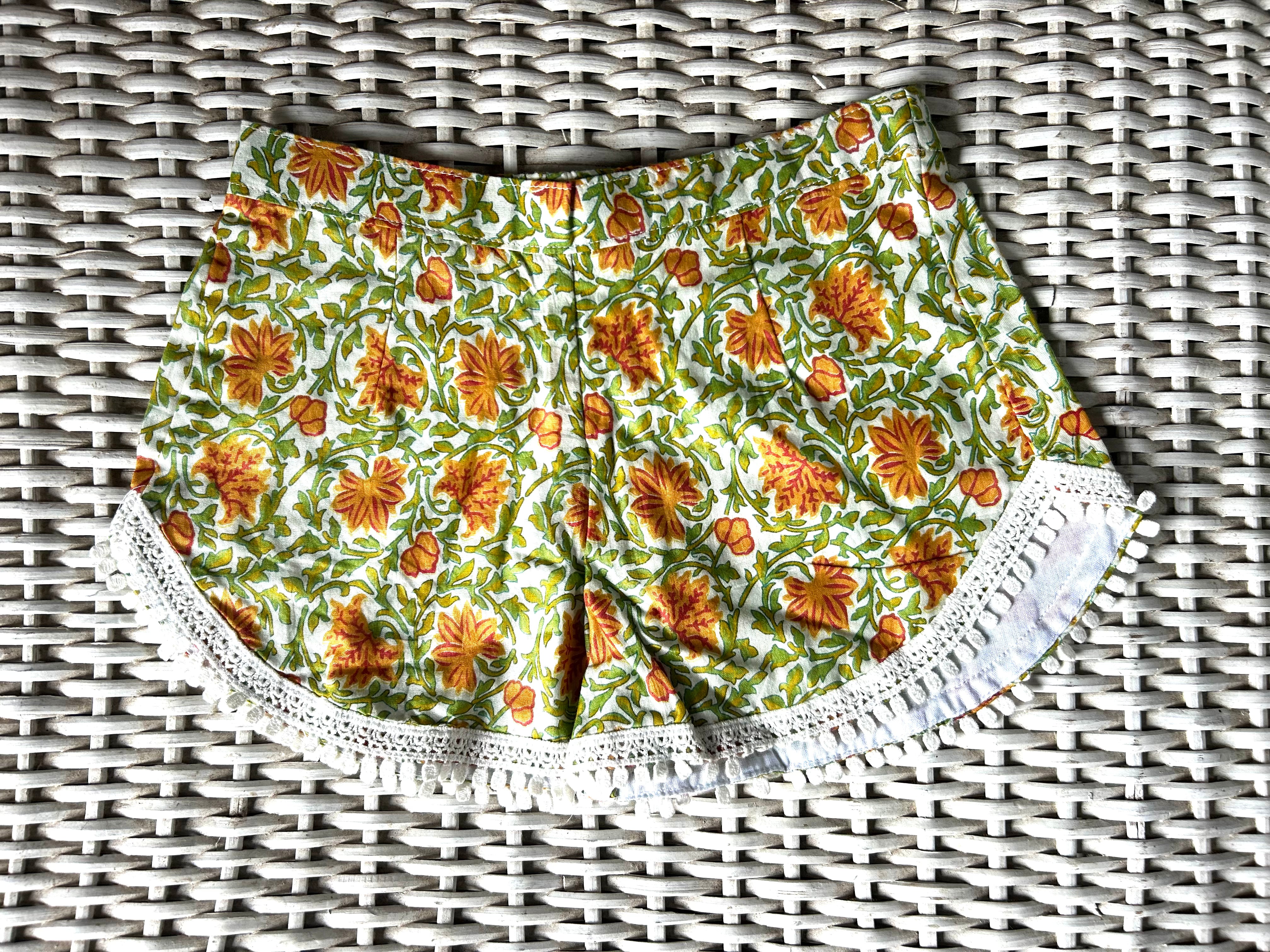 Coastie Shorts - green vines with marigolds (8-9yrs)