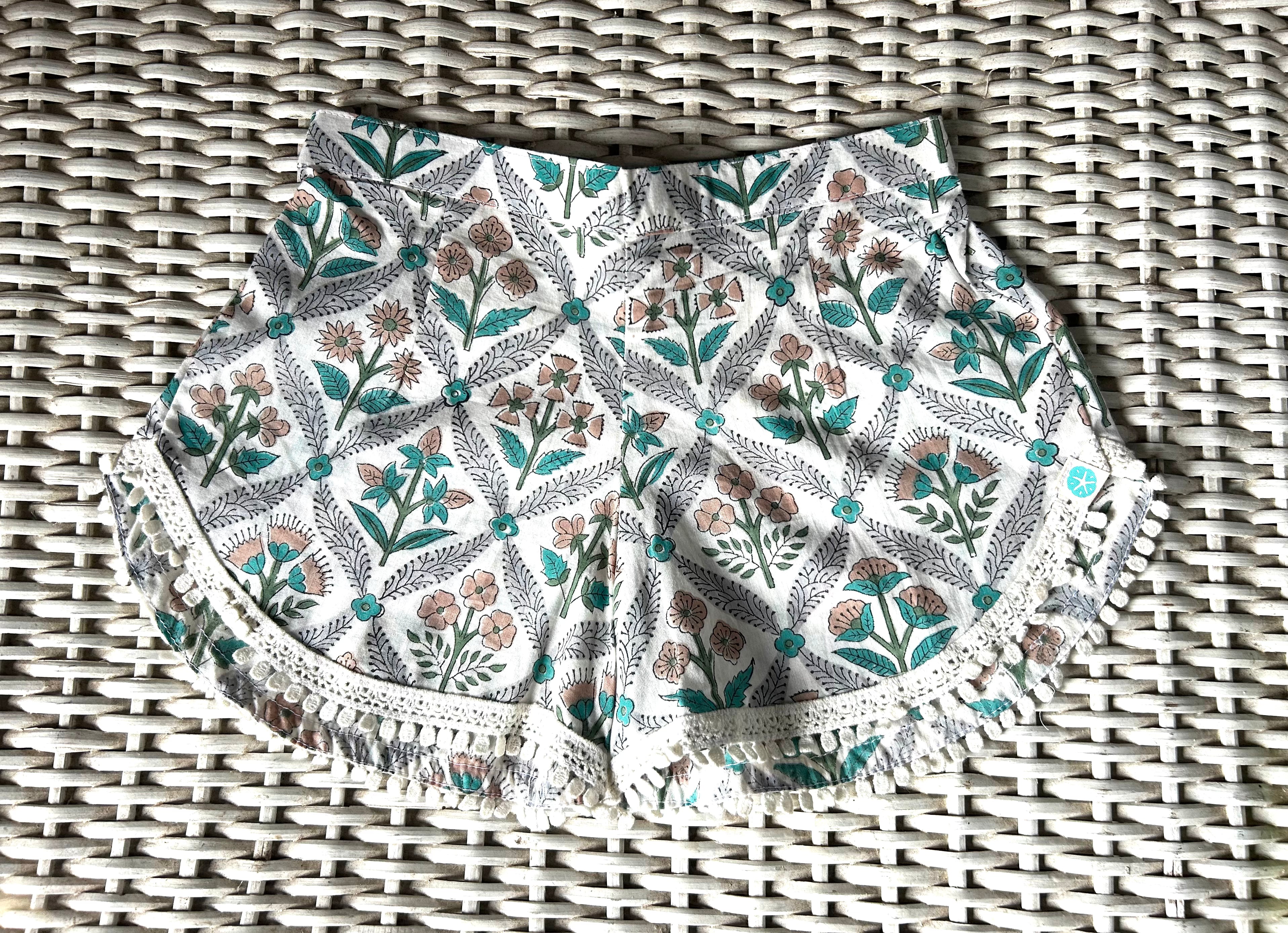 Coastie Shorts - teal and antique rose with white lace (8-9yrs)