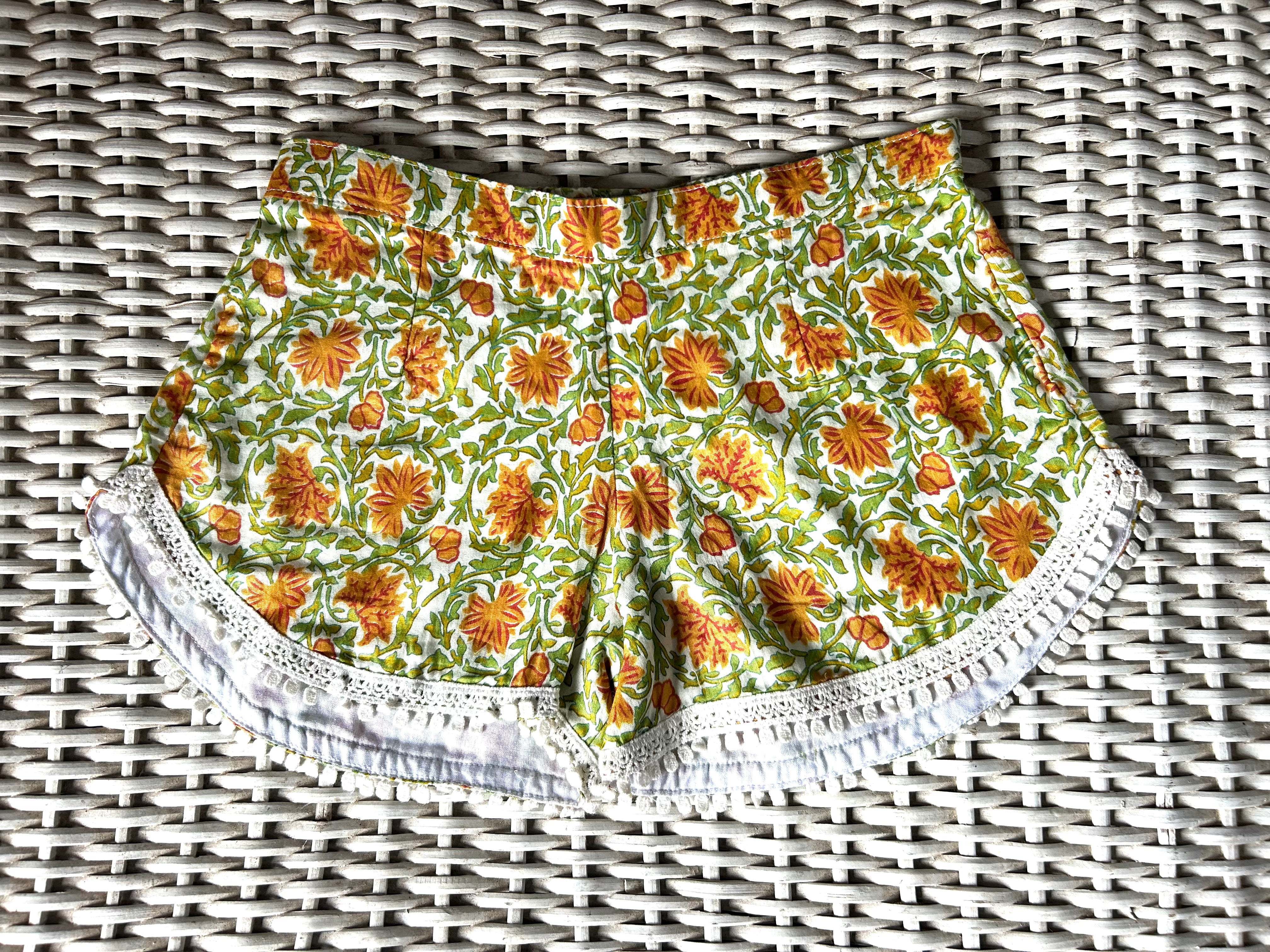 Coastie Shorts - green vines with marigolds (10-11yrs)