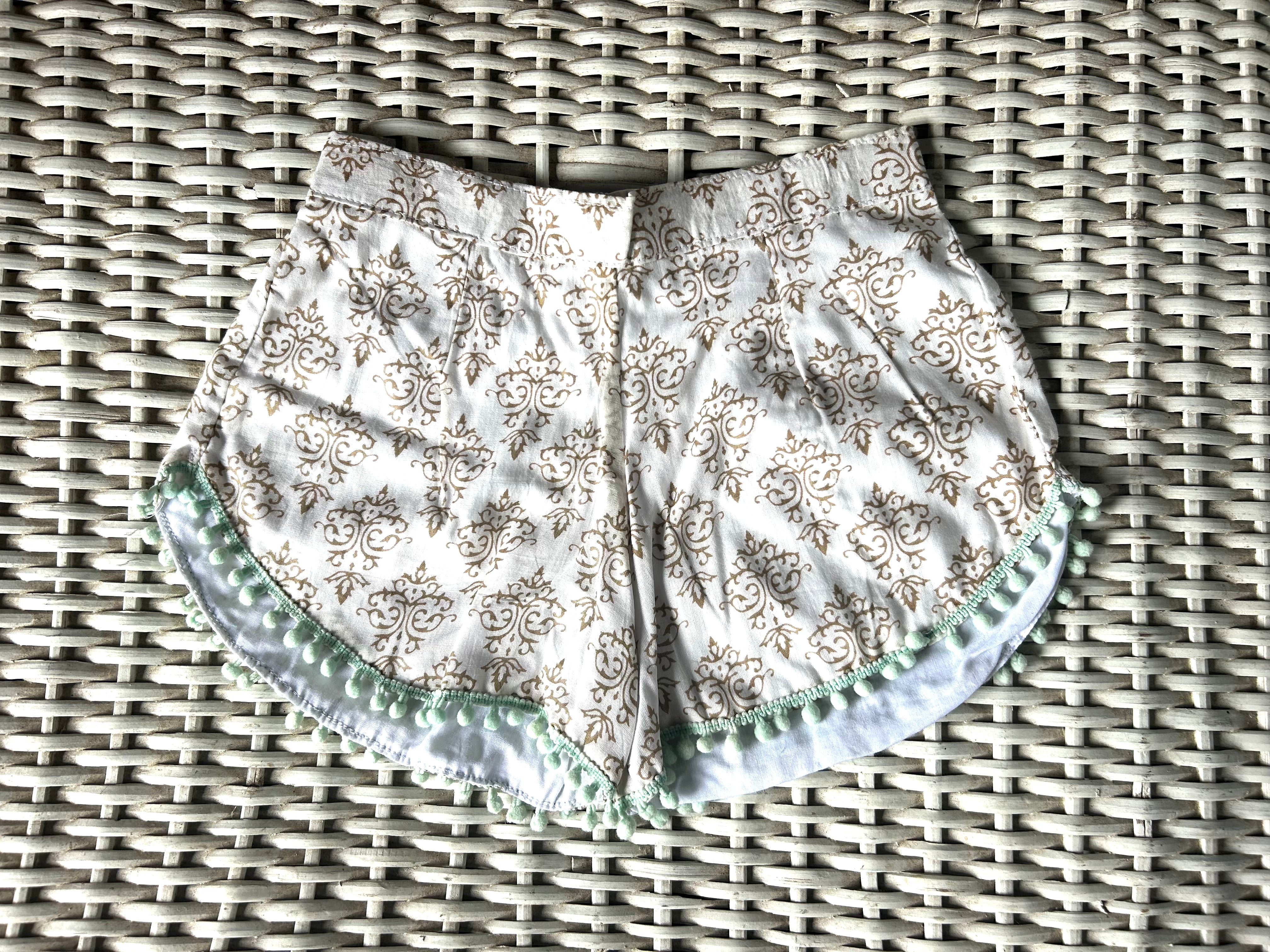 Coastie Shorts - fawn block print with aqua pompoms (6-7yrs)