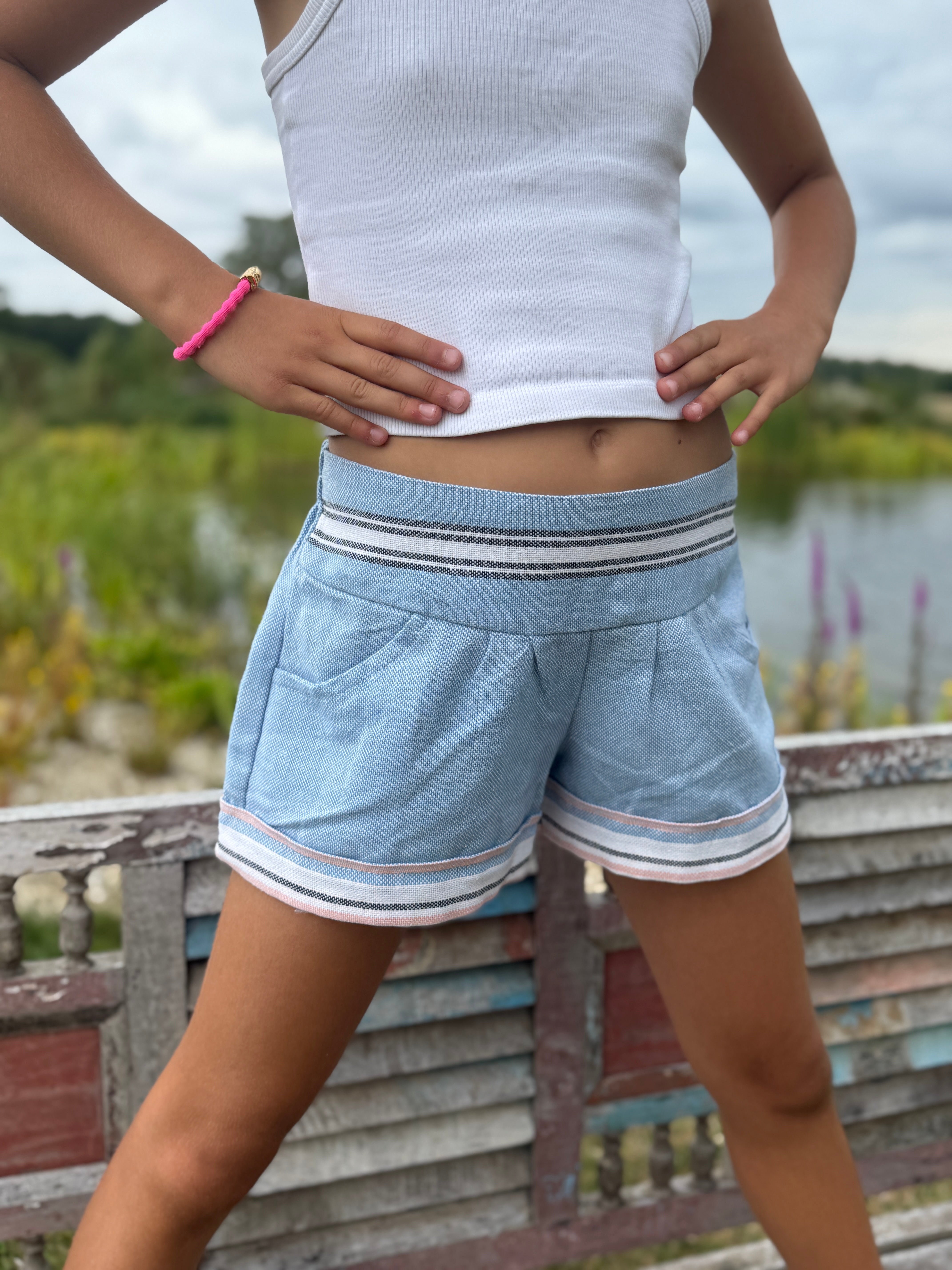 Girls Kikoy Flat Front shorts - Pale blue white stripe