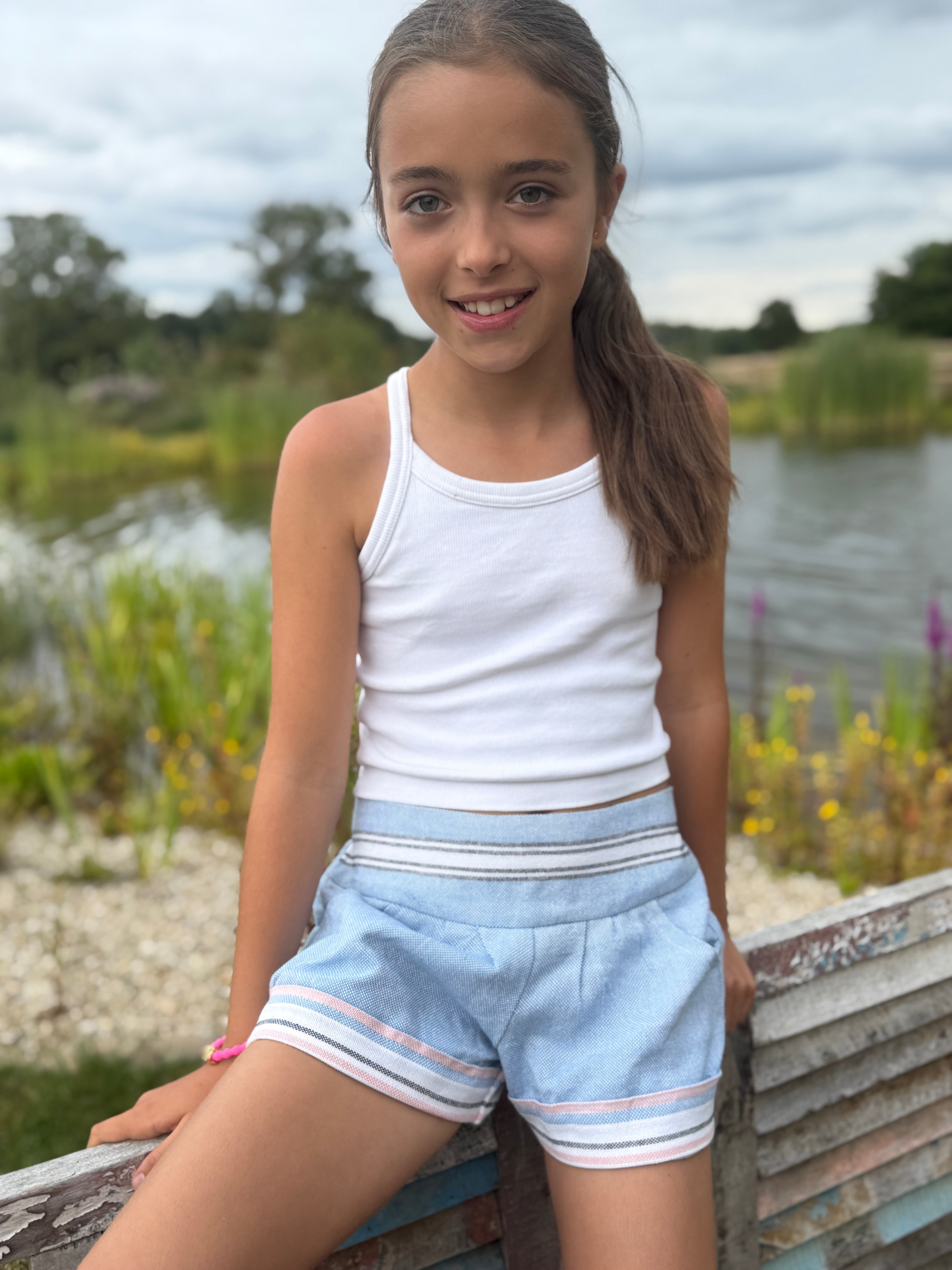 Girls Kikoy Flat Front shorts - Pale blue white stripe